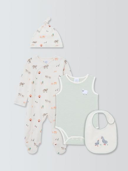 John Lewis Farmyard Home From Hospital Sleepsuit, Bodysuit, Bib and Hat Set, Multi, Multi