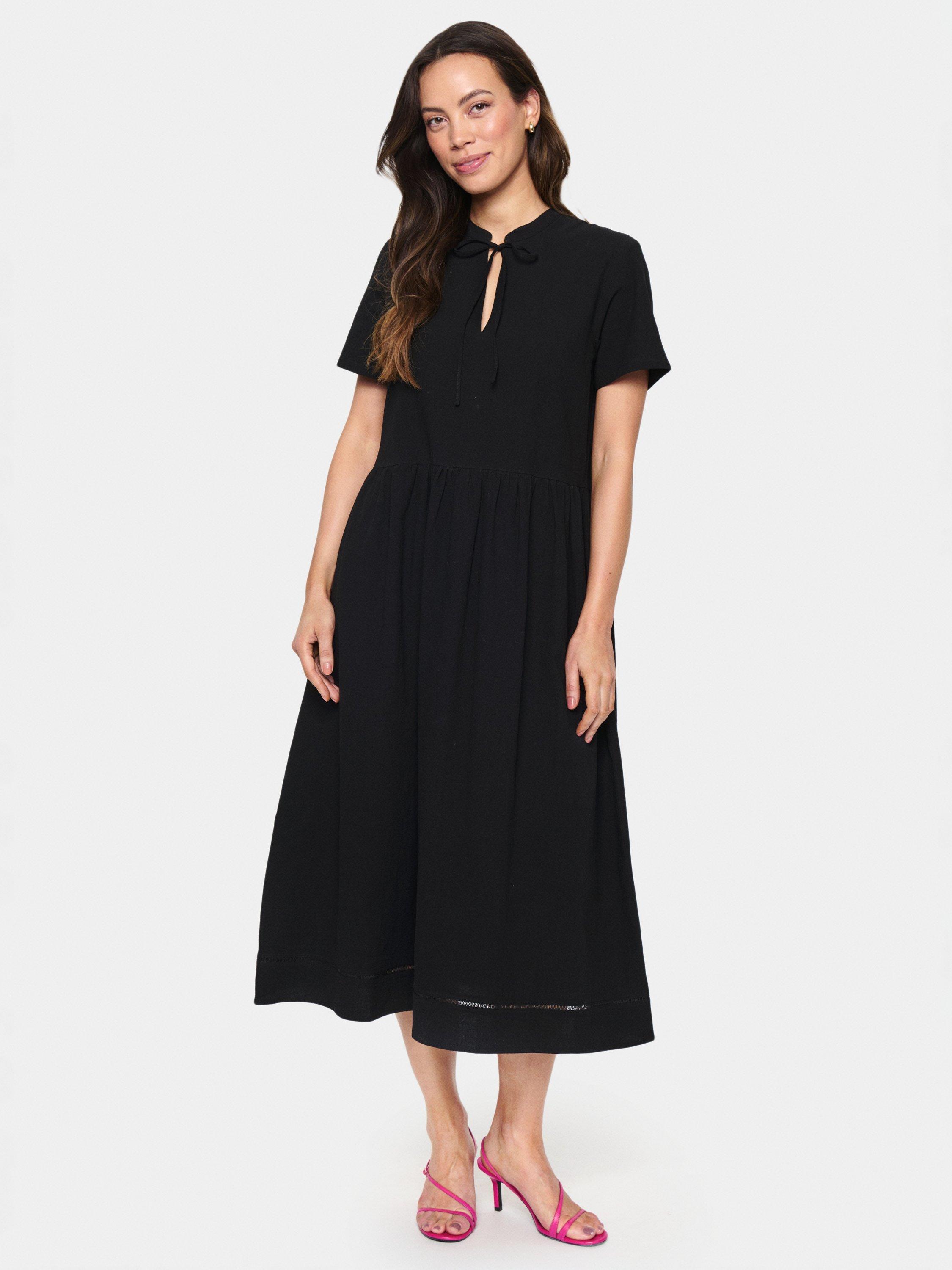 Product image 1 of 4, which shows Saint Tropez Kalinda Cotton Tie Neck A-Line Midi Dress, Black, XS