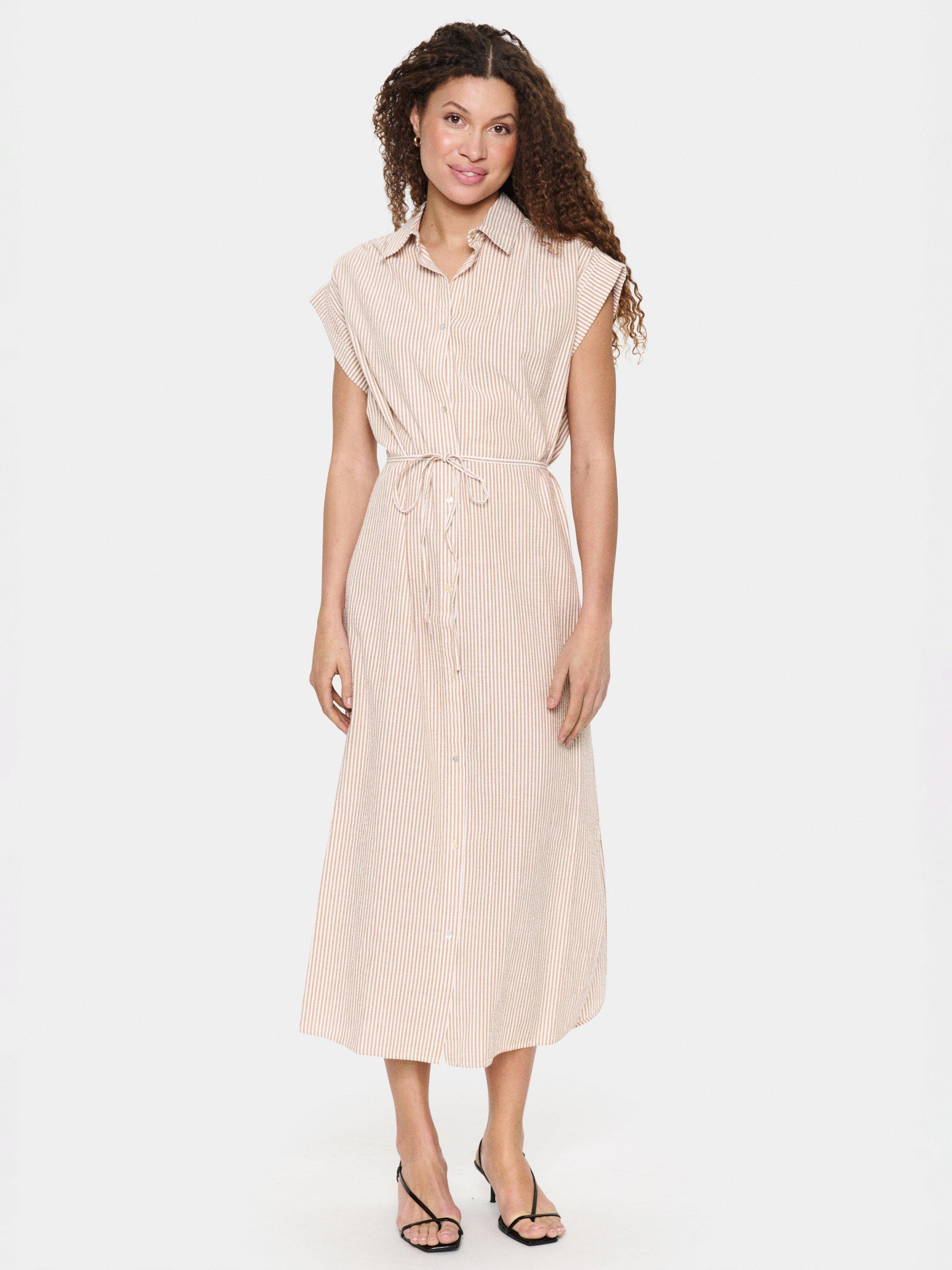 Product image 1 of 6, which shows Saint Tropez Kira Stripe Shirt Midi Dress, Brown Sugar, S