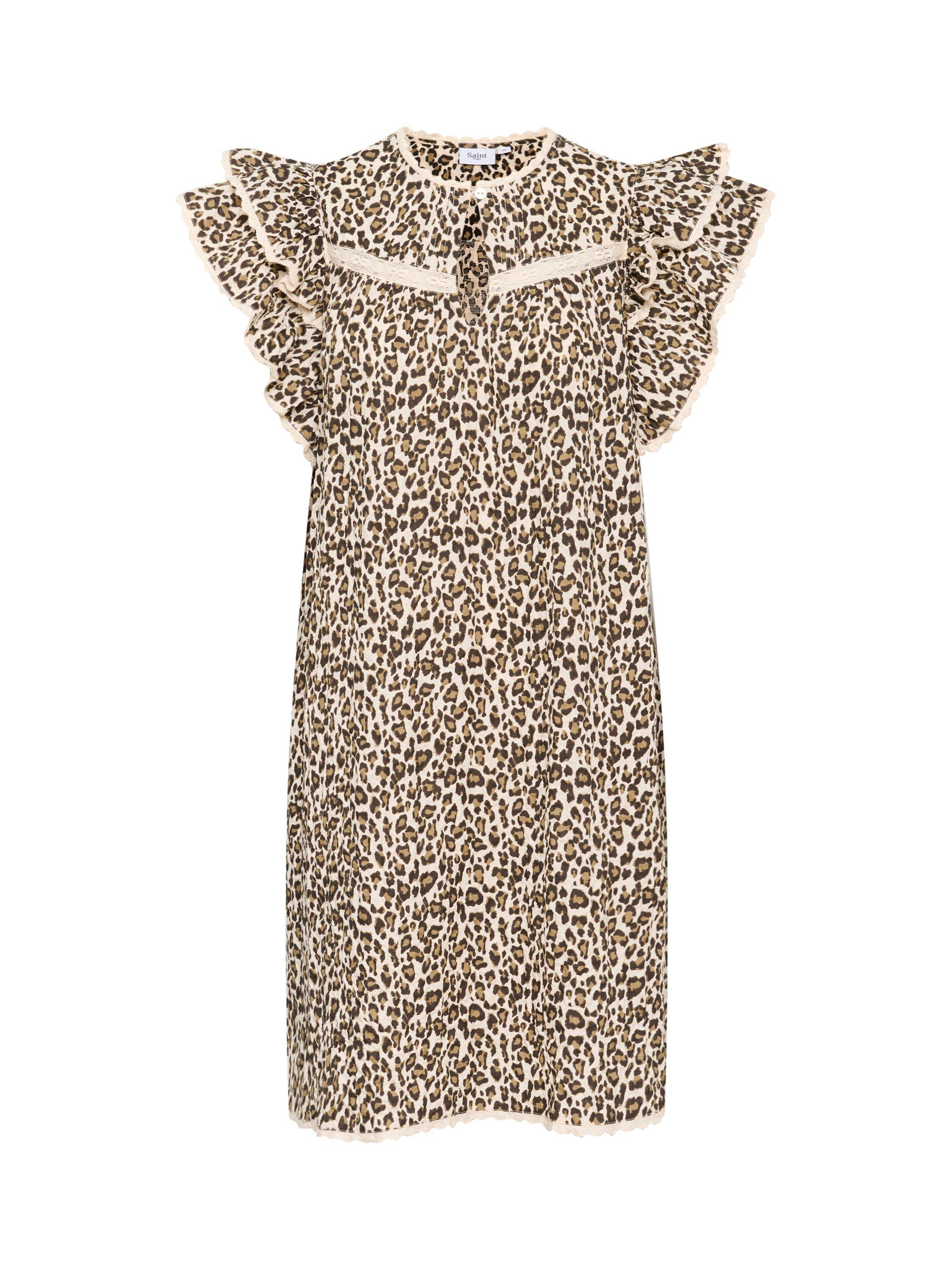 Product image 1 of 2, which shows Saint Tropez Kirby Leopard Print Frill Mini Dress, Creme/Multi, XS