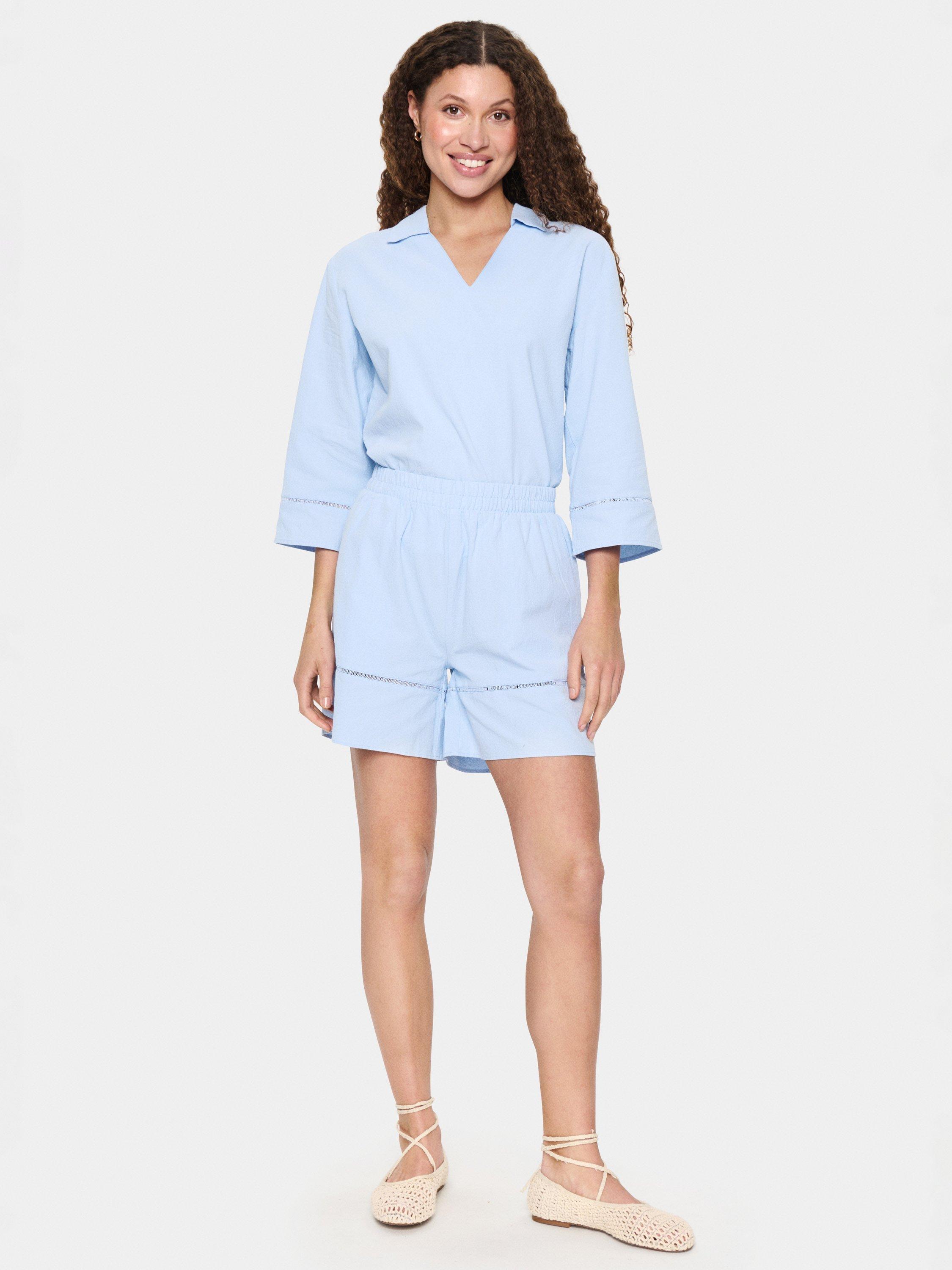 Product image 3 of 6, which shows Saint Tropez Kalinda Cotton High Waisted Shorts, Chambray Blue, XS