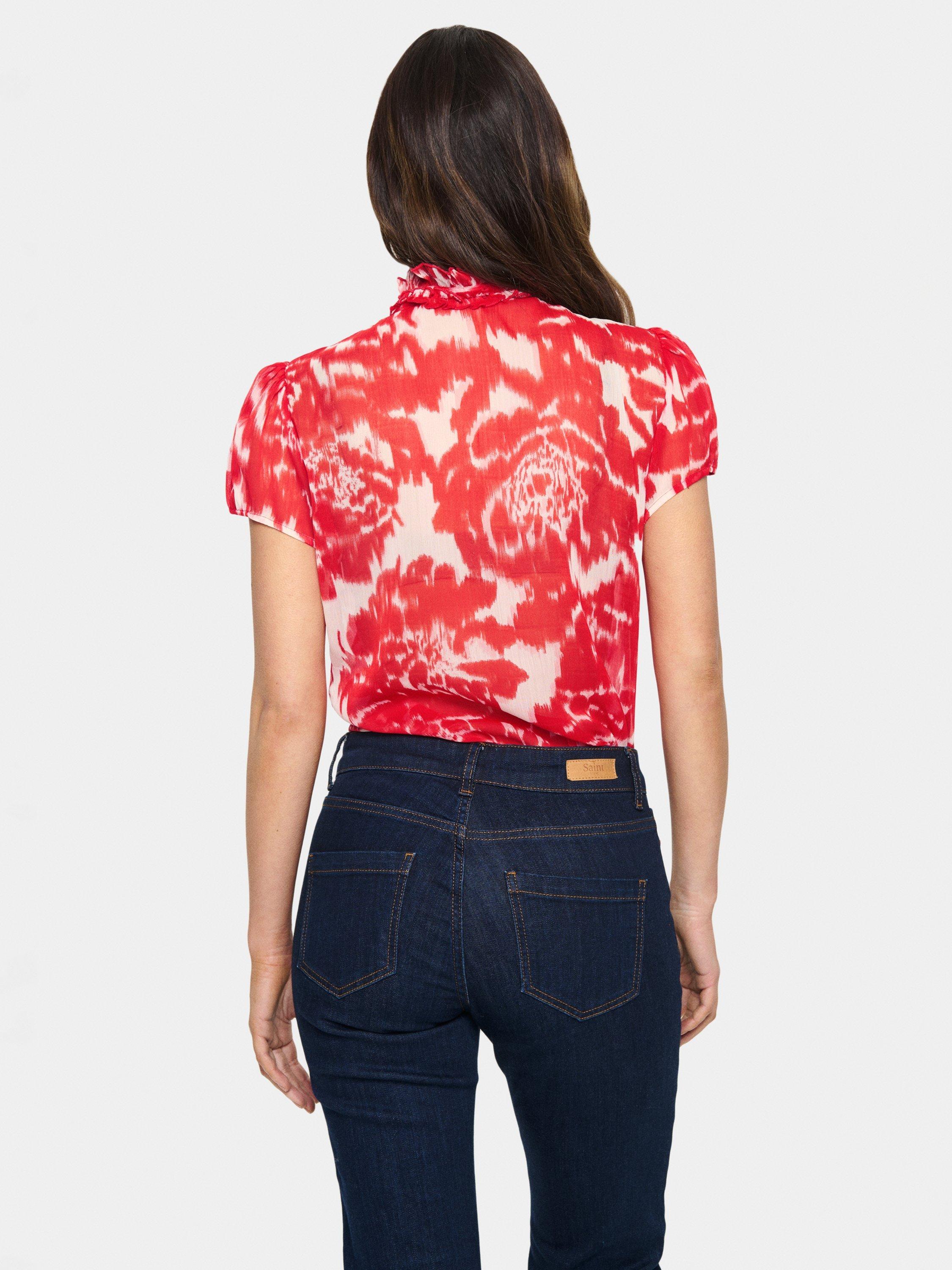 Product image 2 of 6, which shows Saint Tropez Lilja Crinkle Short Sleeve Shirt, Red/Multi, XS