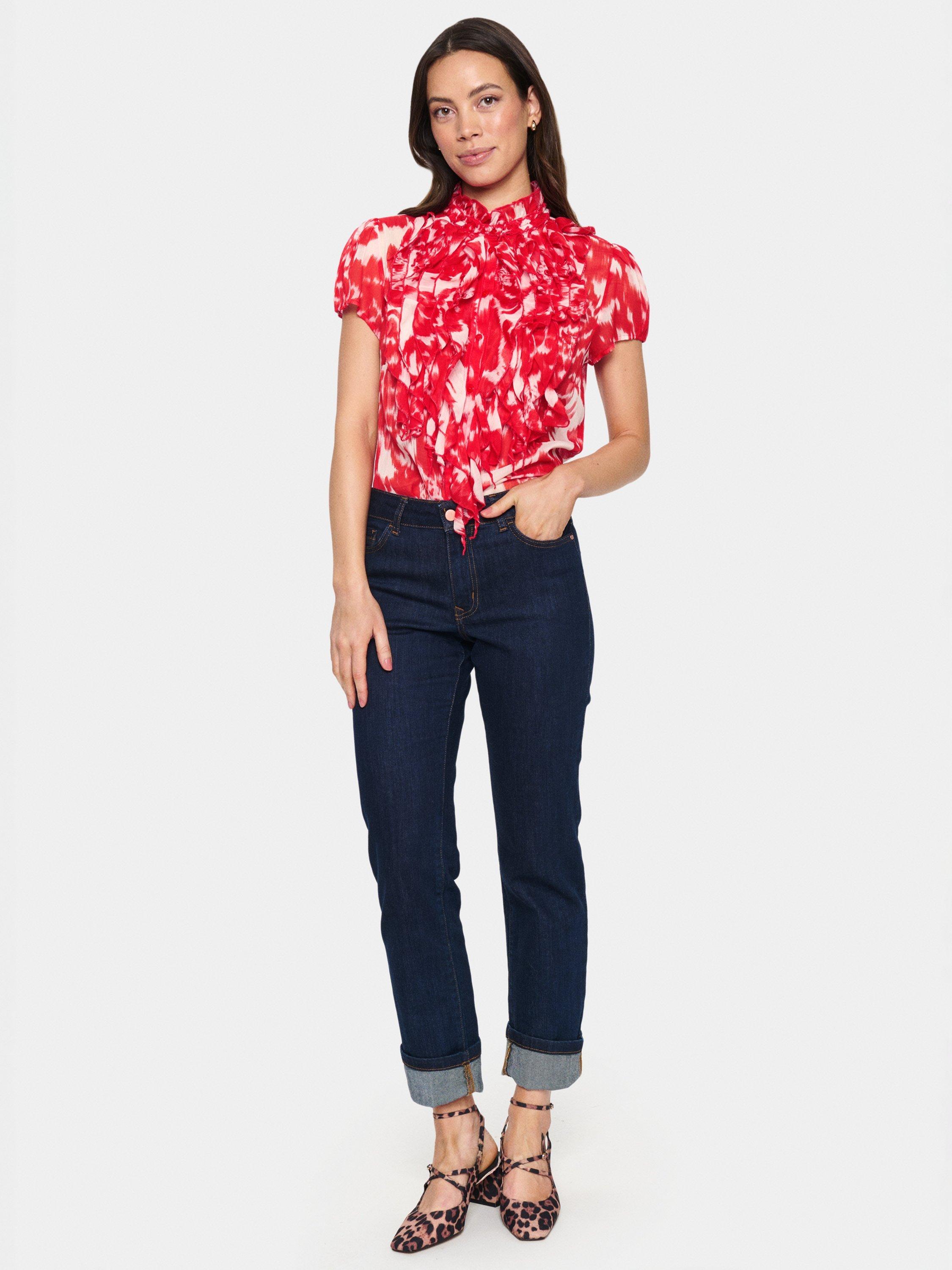 Product image 3 of 6, which shows Saint Tropez Lilja Crinkle Short Sleeve Shirt, Red/Multi, XS