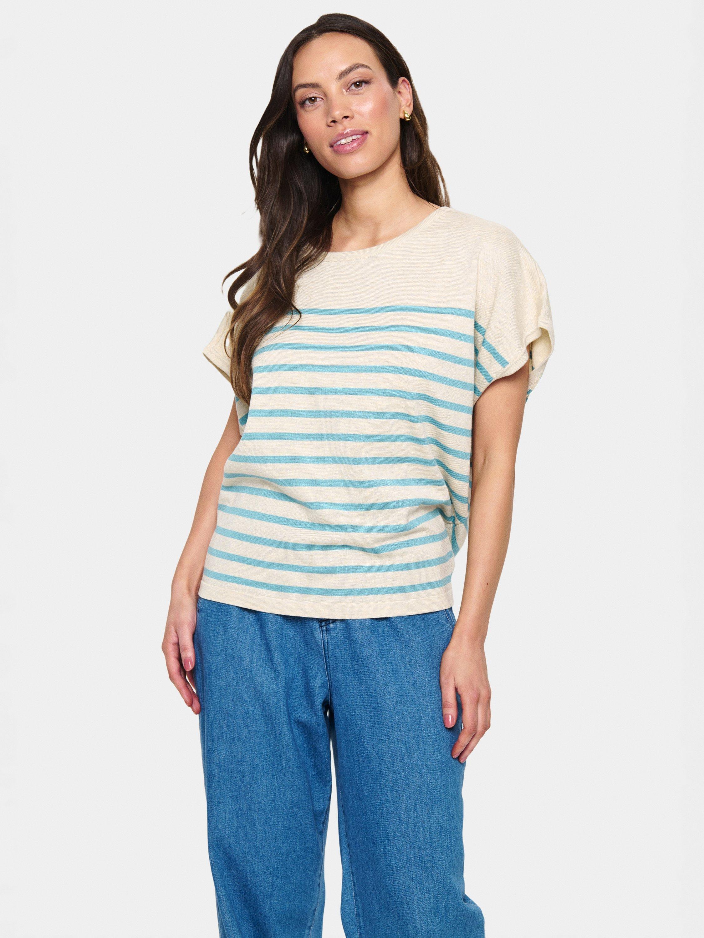 Product image 1 of 4, which shows Saint Tropez Mila Stripe Short Sleeve Jumper, Beige/Blue, S