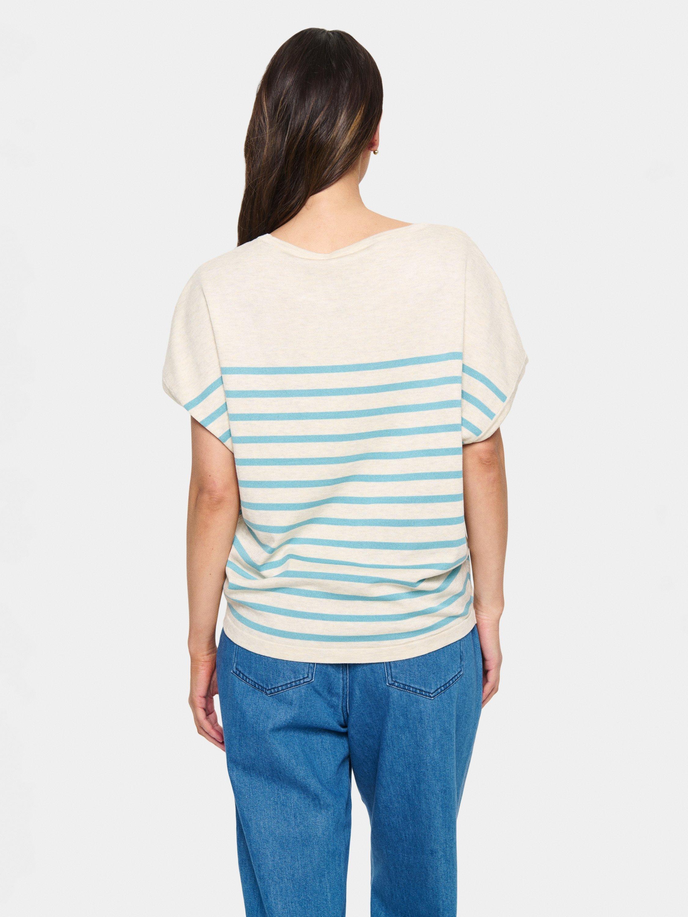 Product image 2 of 4, which shows Saint Tropez Mila Stripe Short Sleeve Jumper, Beige/Blue, S
