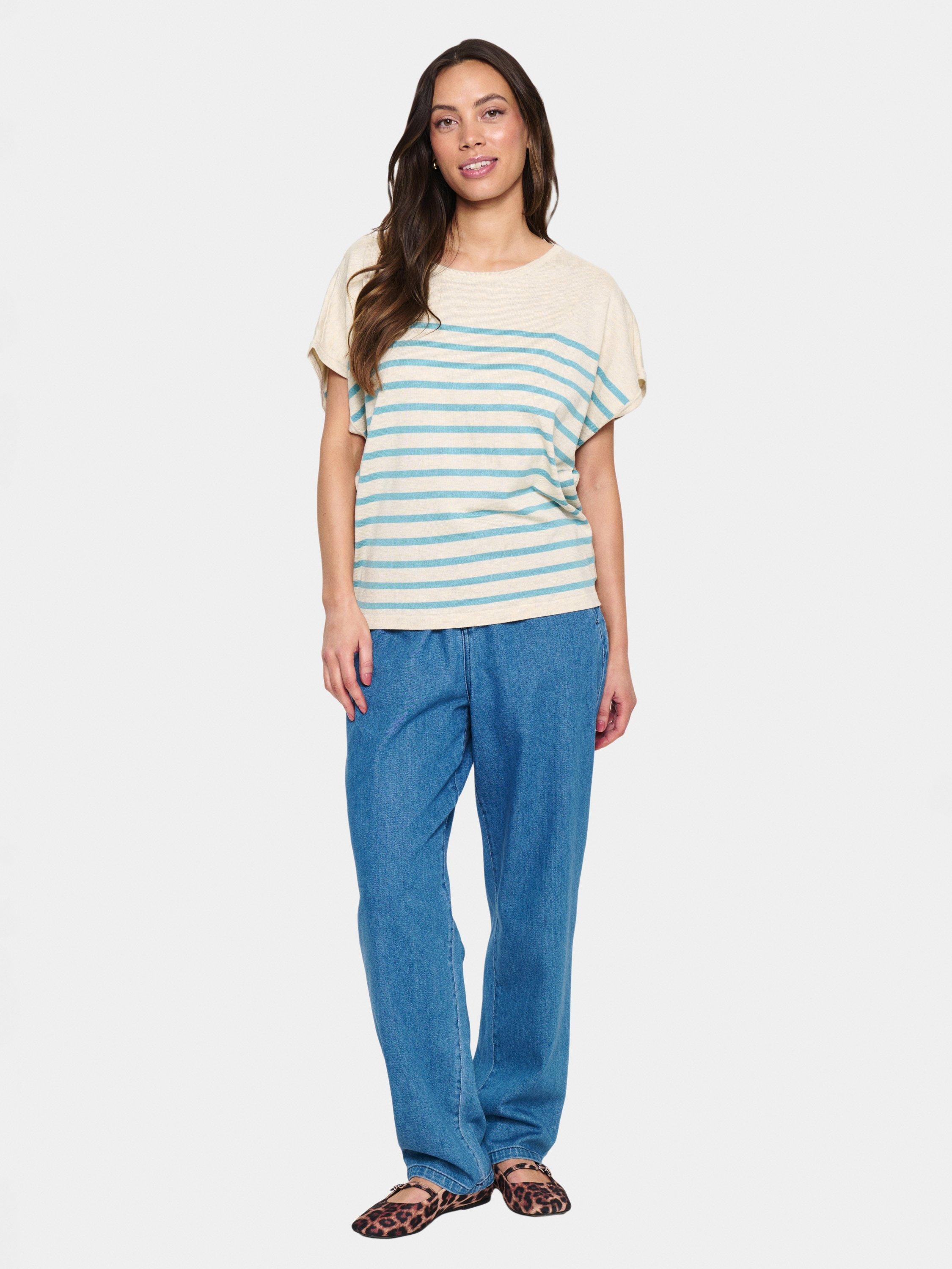 Product image 3 of 4, which shows Saint Tropez Mila Stripe Short Sleeve Jumper, Beige/Blue, S