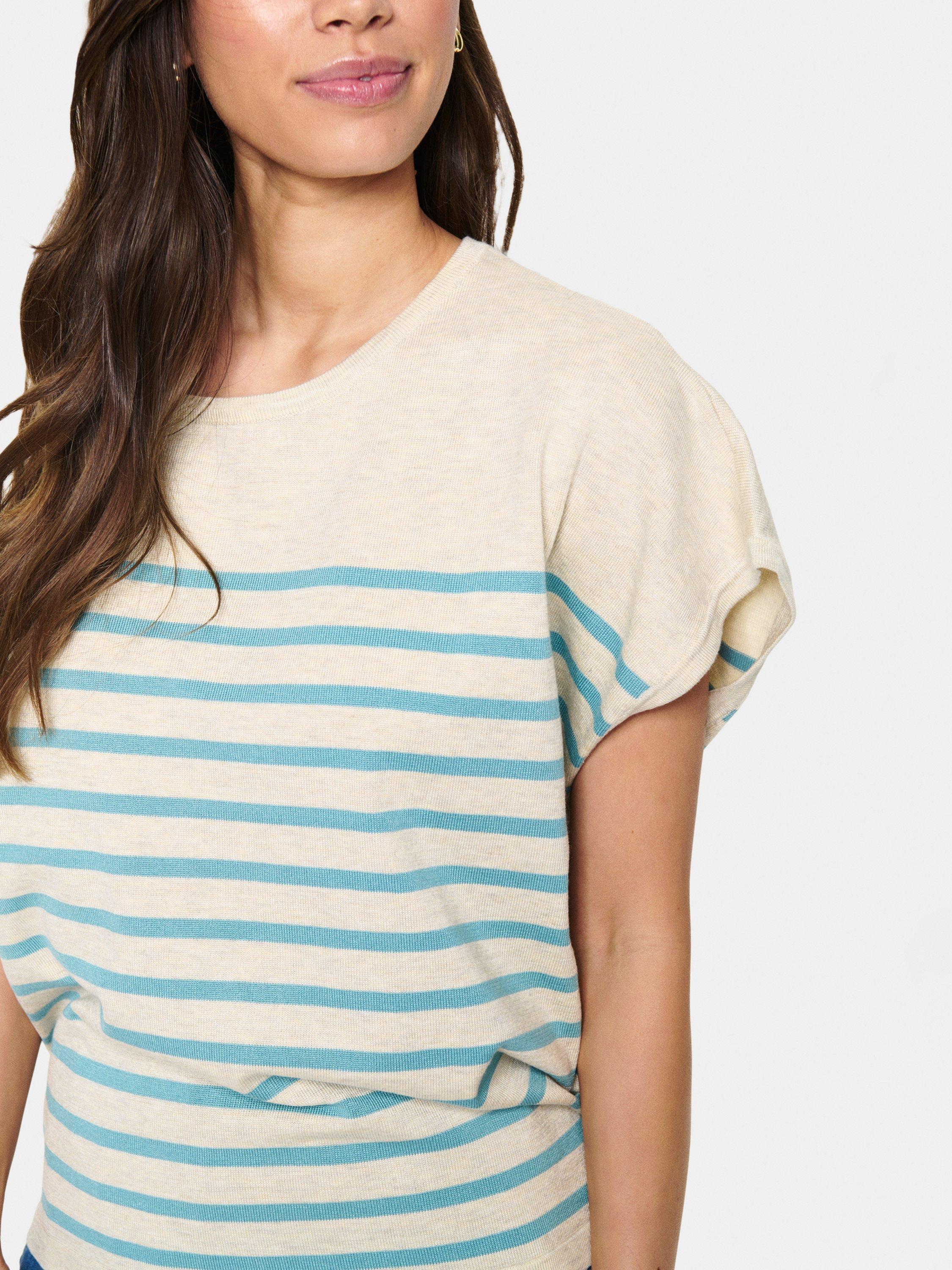 Product image 4 of 4, which shows Saint Tropez Mila Stripe Short Sleeve Jumper, Beige/Blue, S