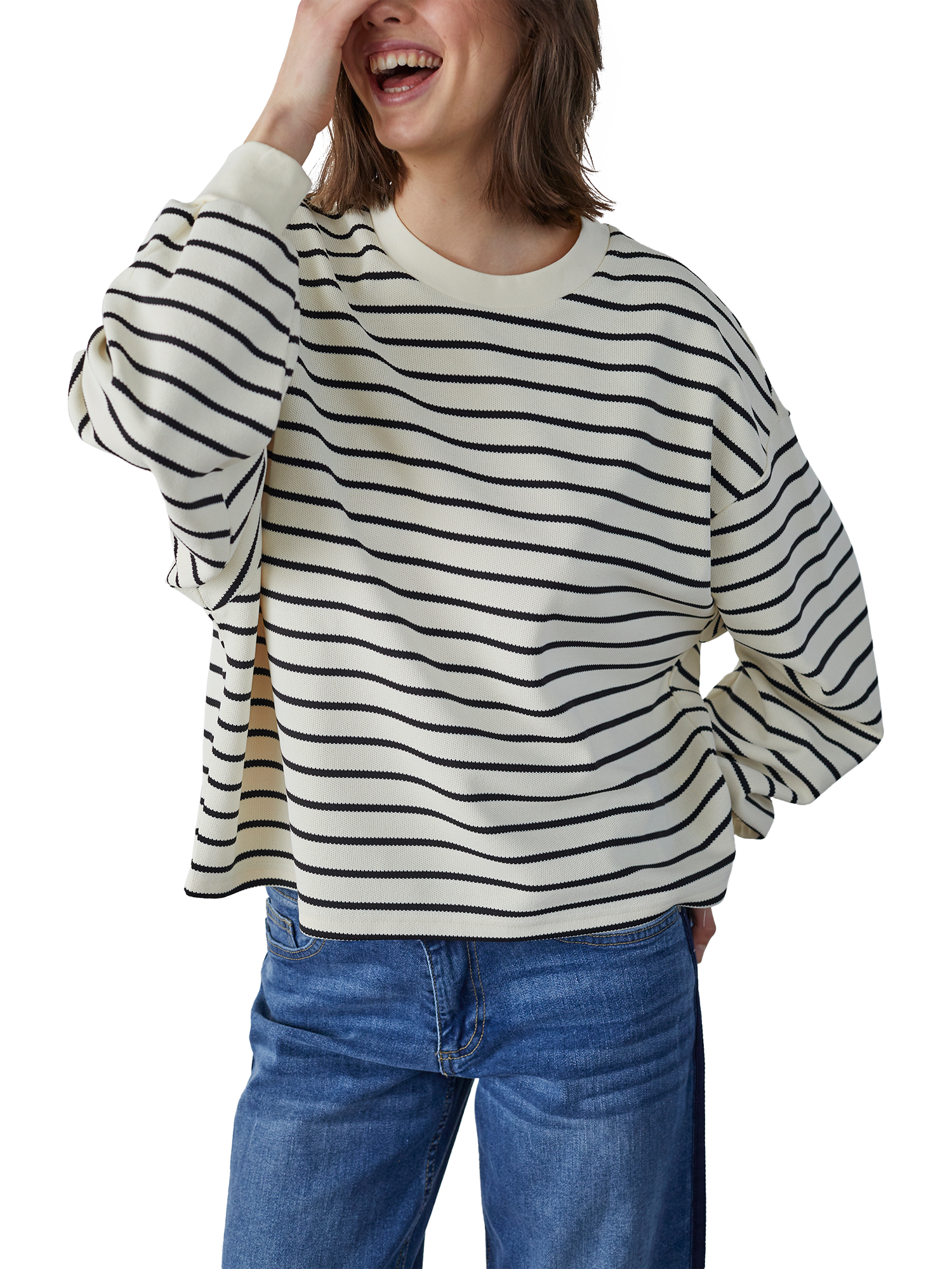 Product image 1 of 4, which shows Sisters Point Eliso Stripe Loose Fit Sweatshirt, Cream/Black, XS