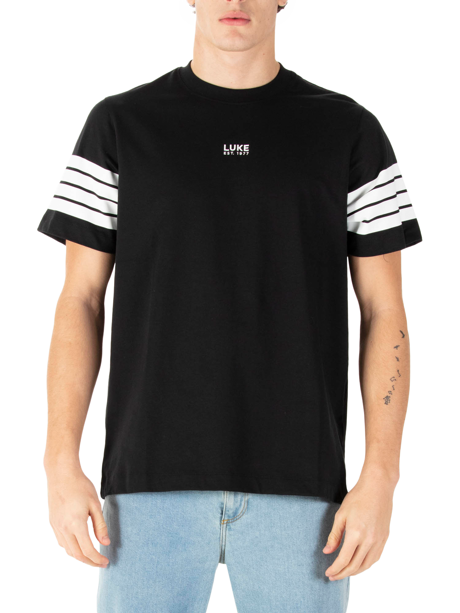Product image 1 of 6, which shows LUKE 1977 Rally Striped Arm Cotton T-Shirt, Black, XS