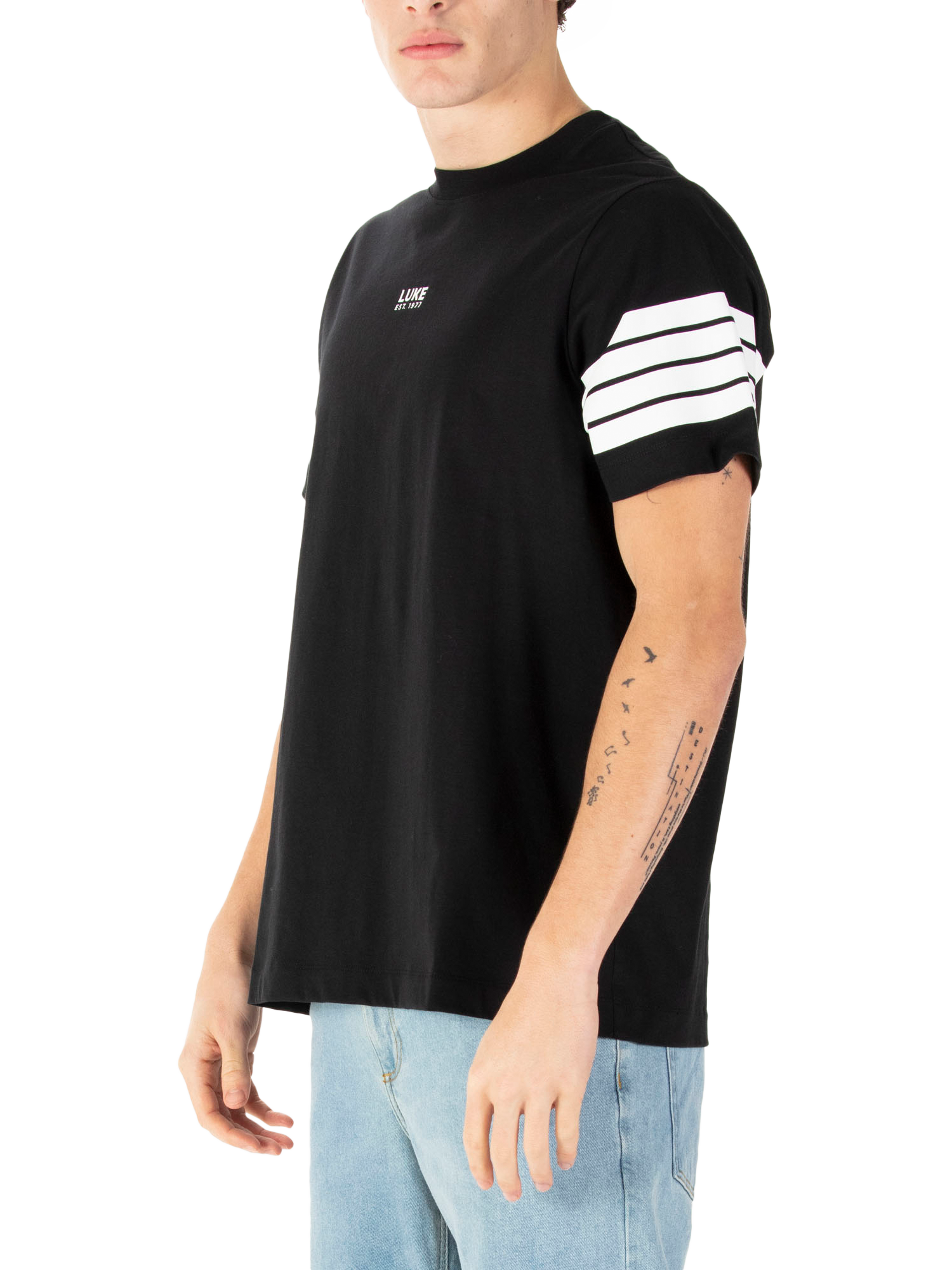 Product image 3 of 6, which shows LUKE 1977 Rally Striped Arm Cotton T-Shirt, Black, XS