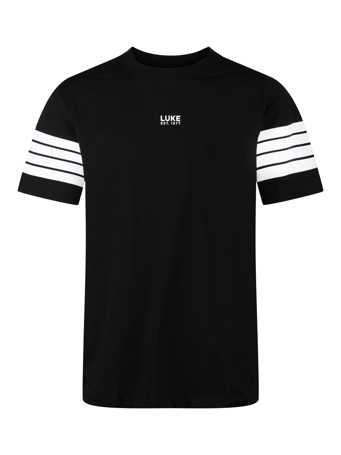 Product image 4 of 6, which shows LUKE 1977 Rally Striped Arm Cotton T-Shirt, Black, XS