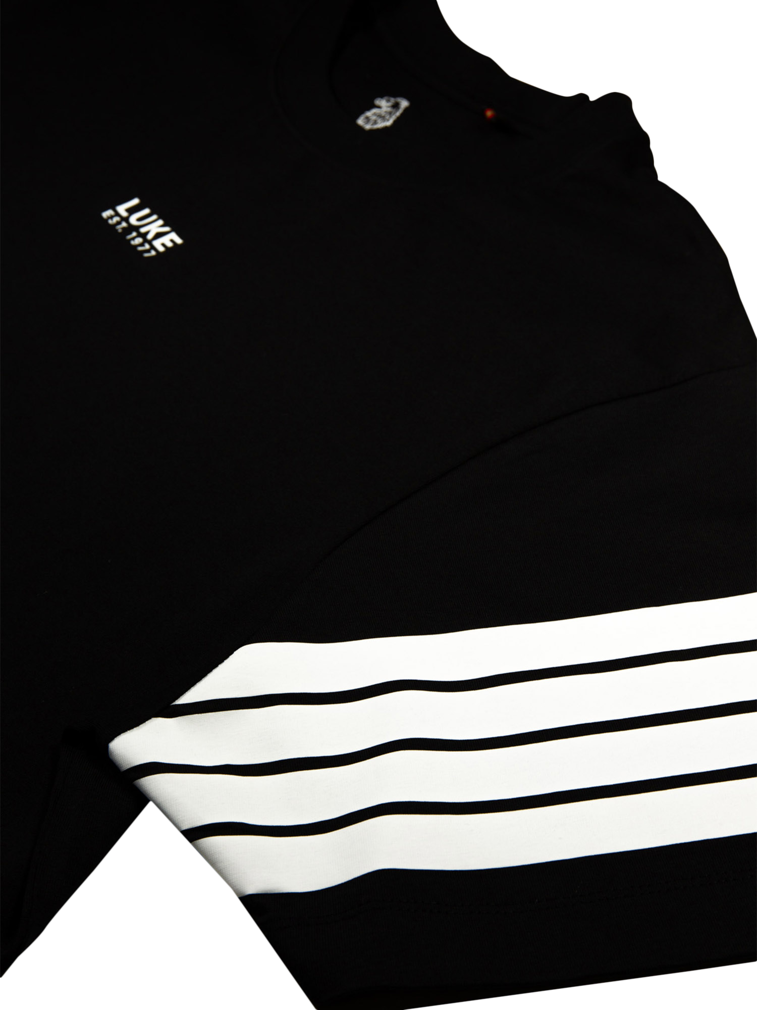 Product image 6 of 6, which shows LUKE 1977 Rally Striped Arm Cotton T-Shirt, Black, XS