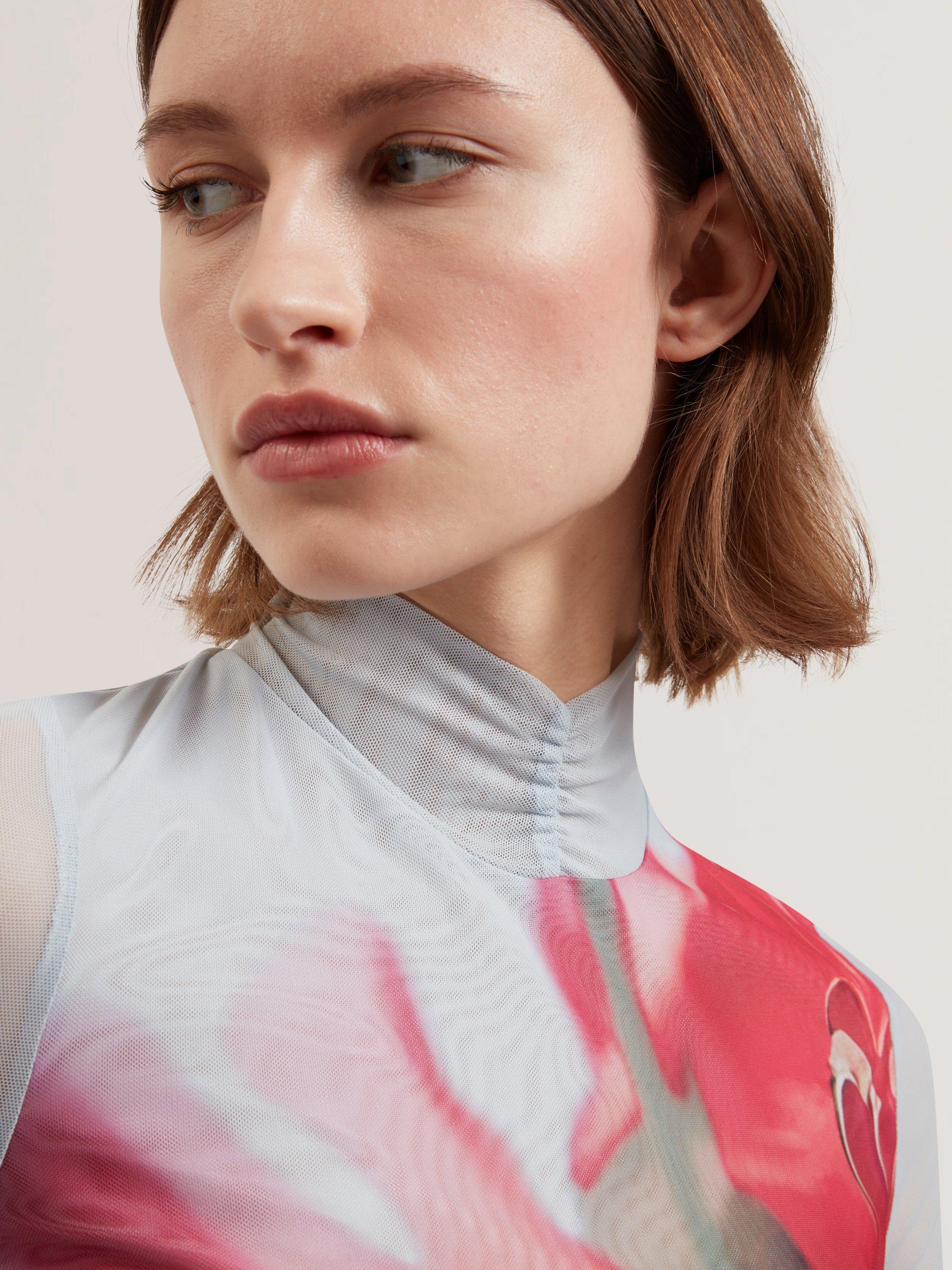 Product image 4 of 6, which shows Ted Baker Floral High Neck Mesh Top, Pale Blue/Red, 6
