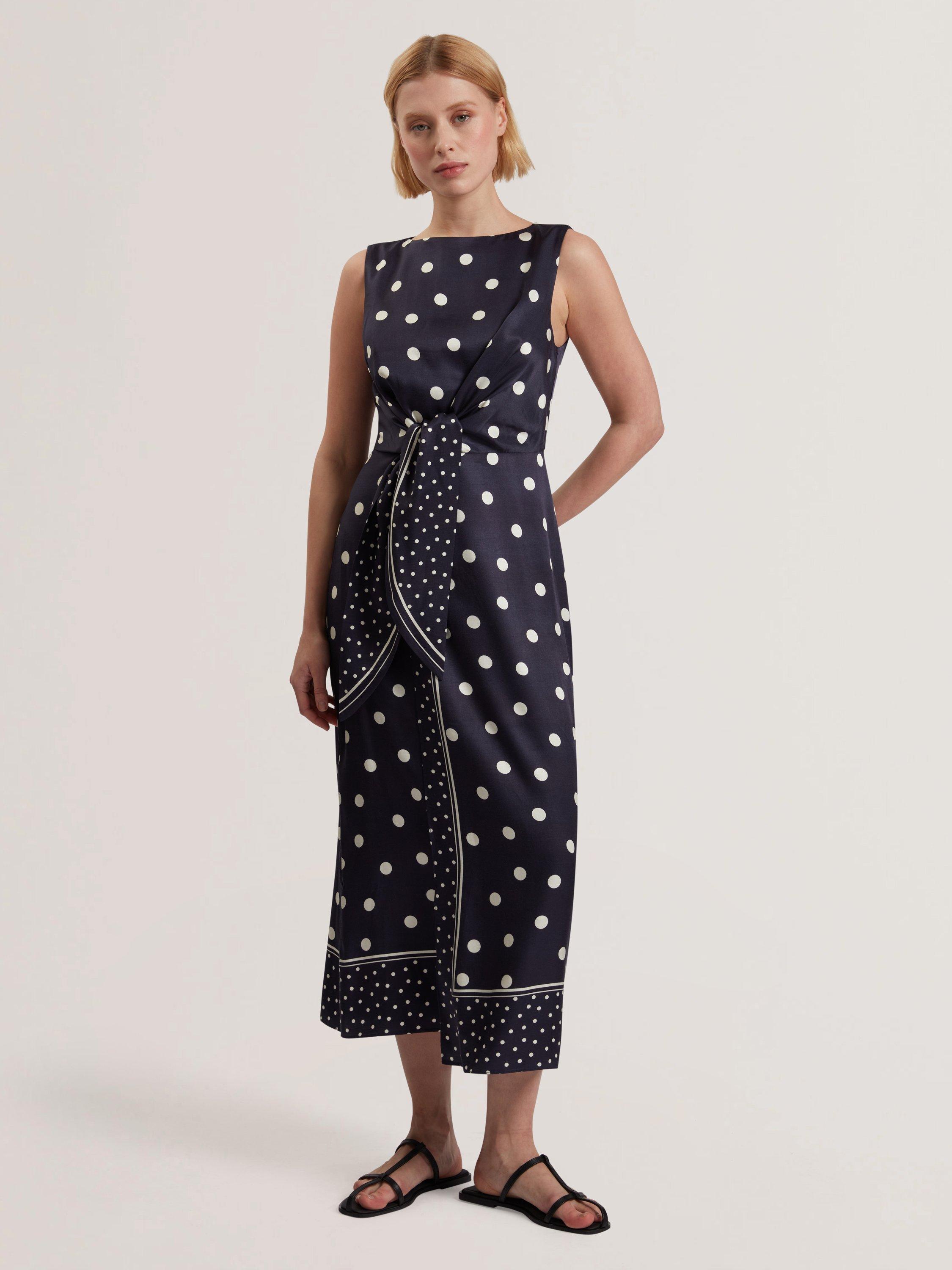 Product image 1 of 5, which shows Ted Baker Malmoa Knot Detail Wrap Over Midi Dress, Navy, 8