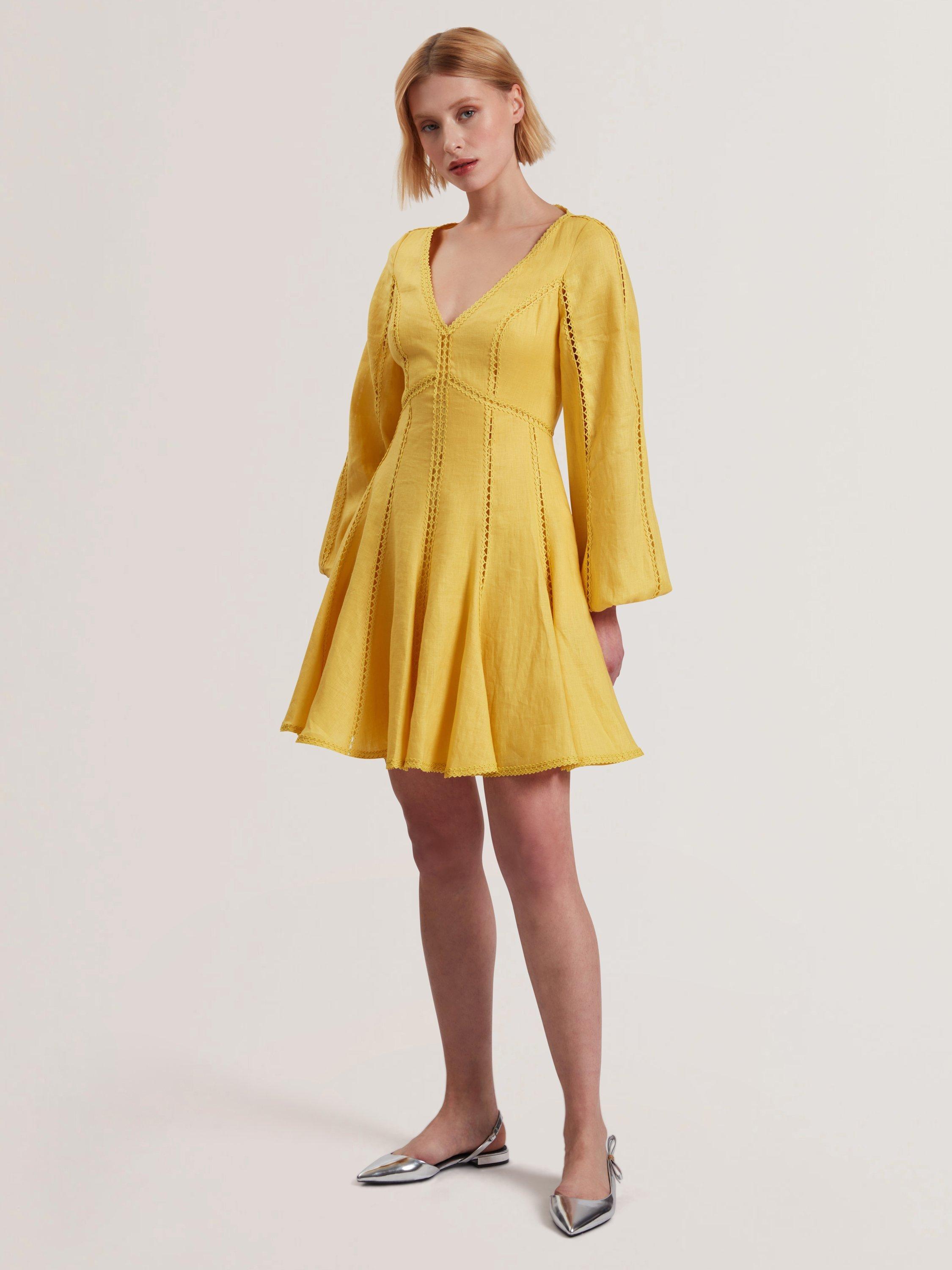 Product image 1 of 5, which shows Ted Baker Trim Detail Pure Linen Mini Dress, Yellow, 8