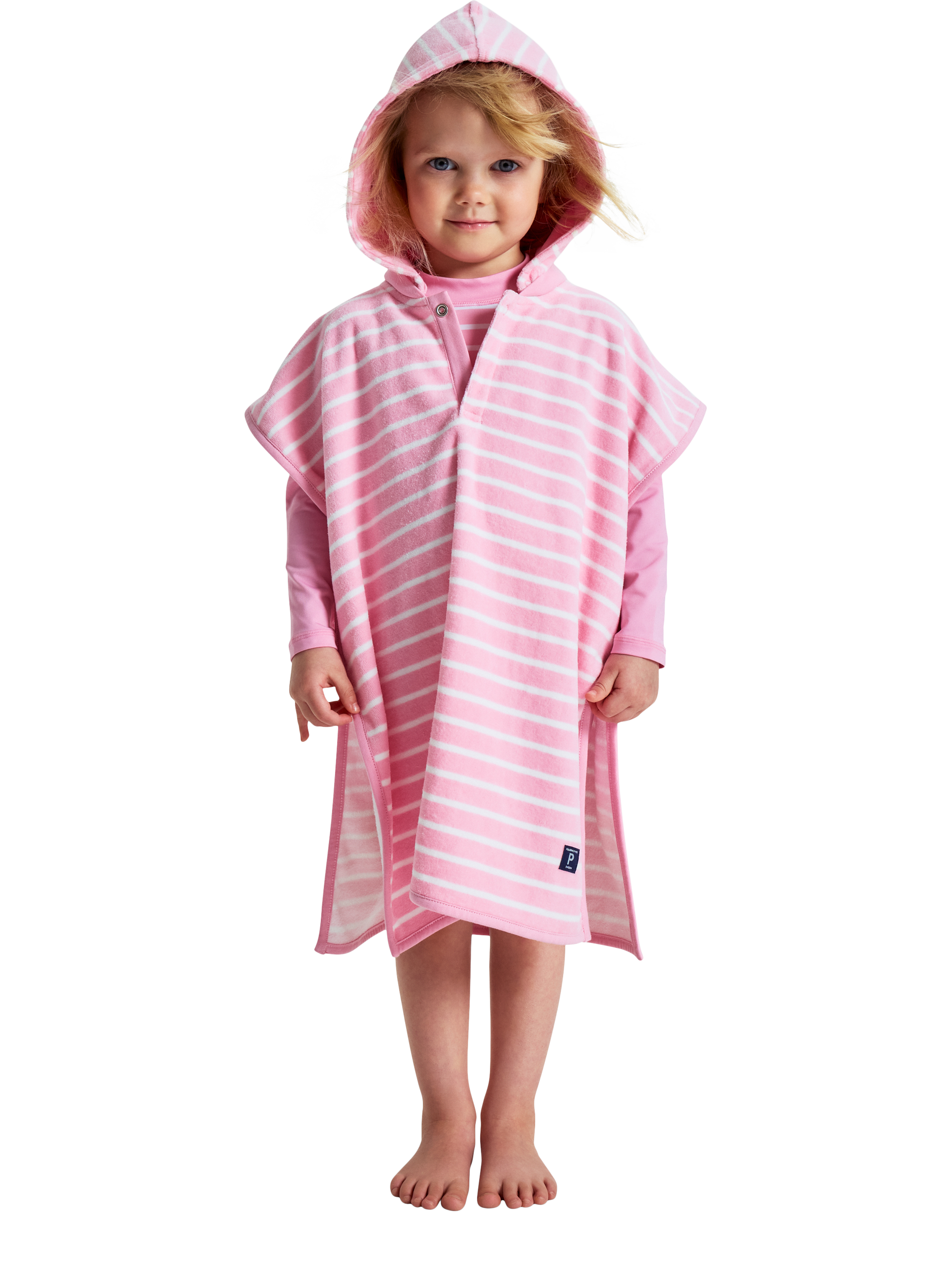 Product image 1 of 5, which shows Polarn O. Pyret Kids' Organic Cotton Stripe Poncho Towel, Pink, S