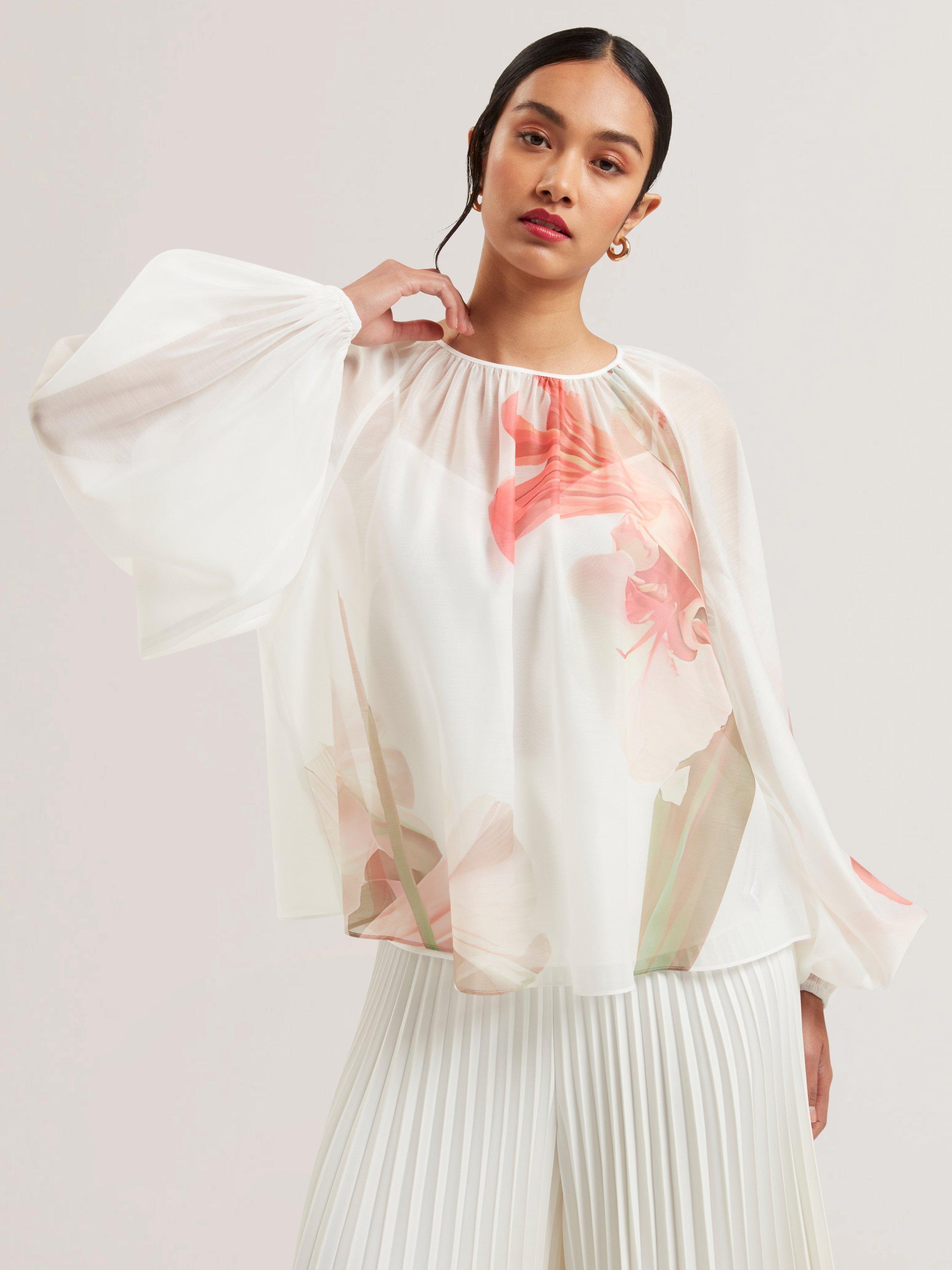 Product image 1 of 6, which shows Ted Baker Eriana Floral Sheer Organza Puff Sleeve Blouse, White/Red, 6