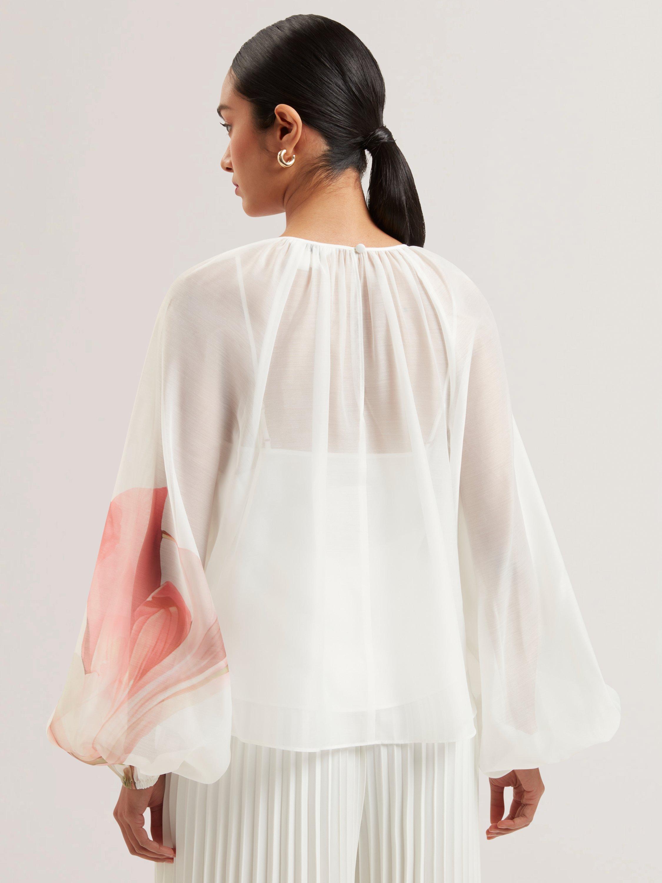 Product image 2 of 6, which shows Ted Baker Eriana Floral Sheer Organza Puff Sleeve Blouse, White/Red, 6