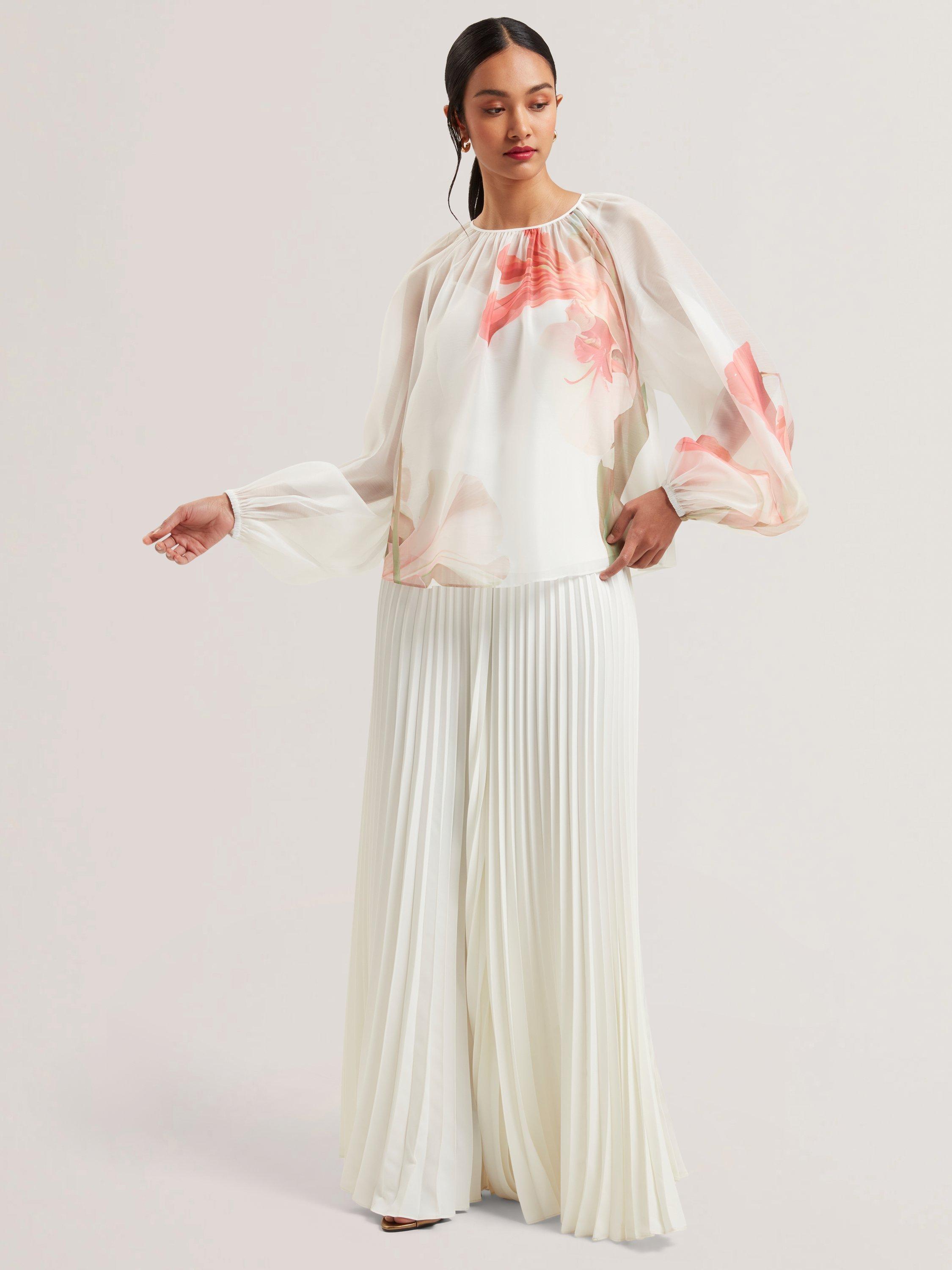 Product image 3 of 6, which shows Ted Baker Eriana Floral Sheer Organza Puff Sleeve Blouse, White/Red, 6
