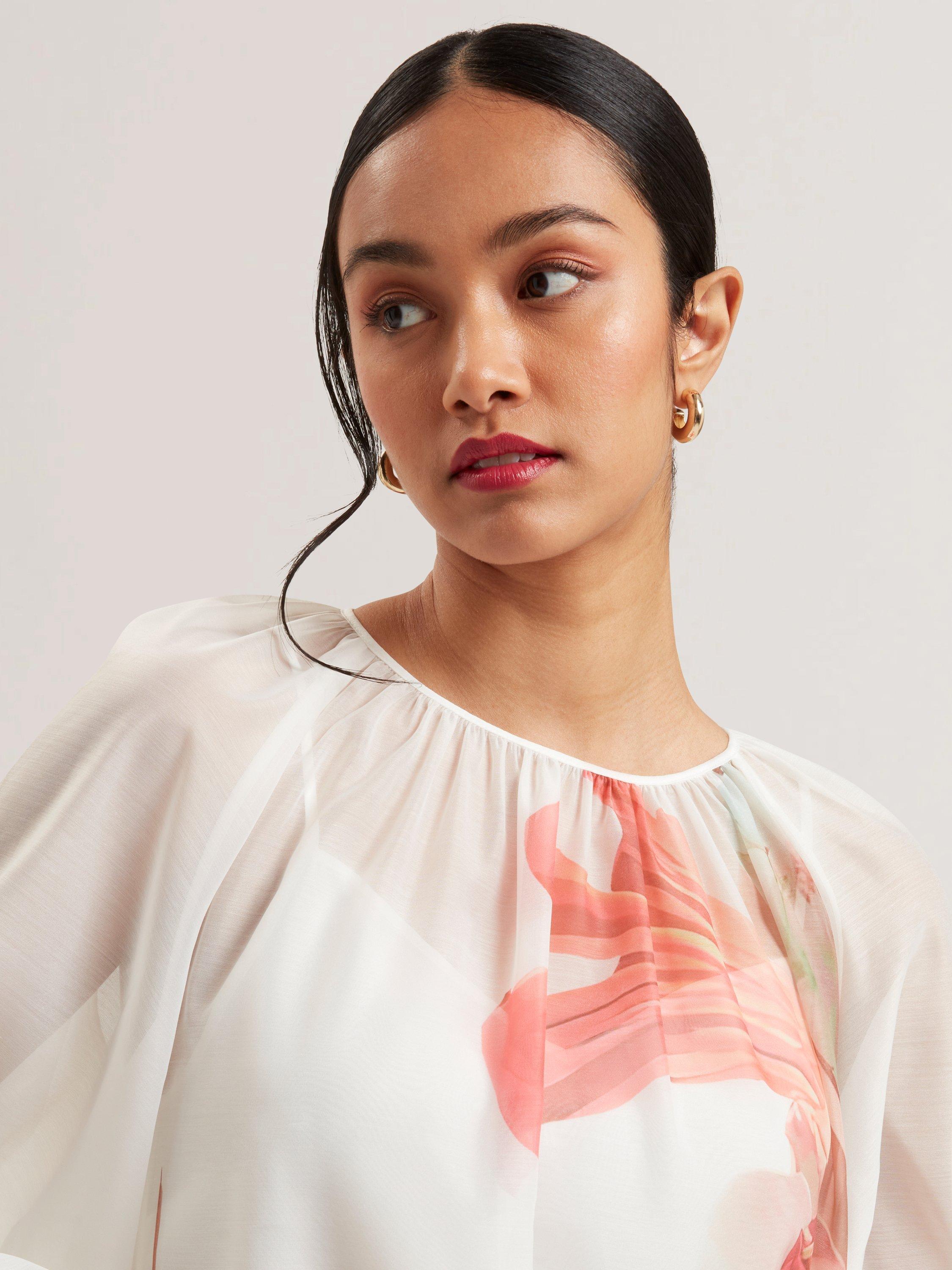 Product image 4 of 6, which shows Ted Baker Eriana Floral Sheer Organza Puff Sleeve Blouse, White/Red, 6