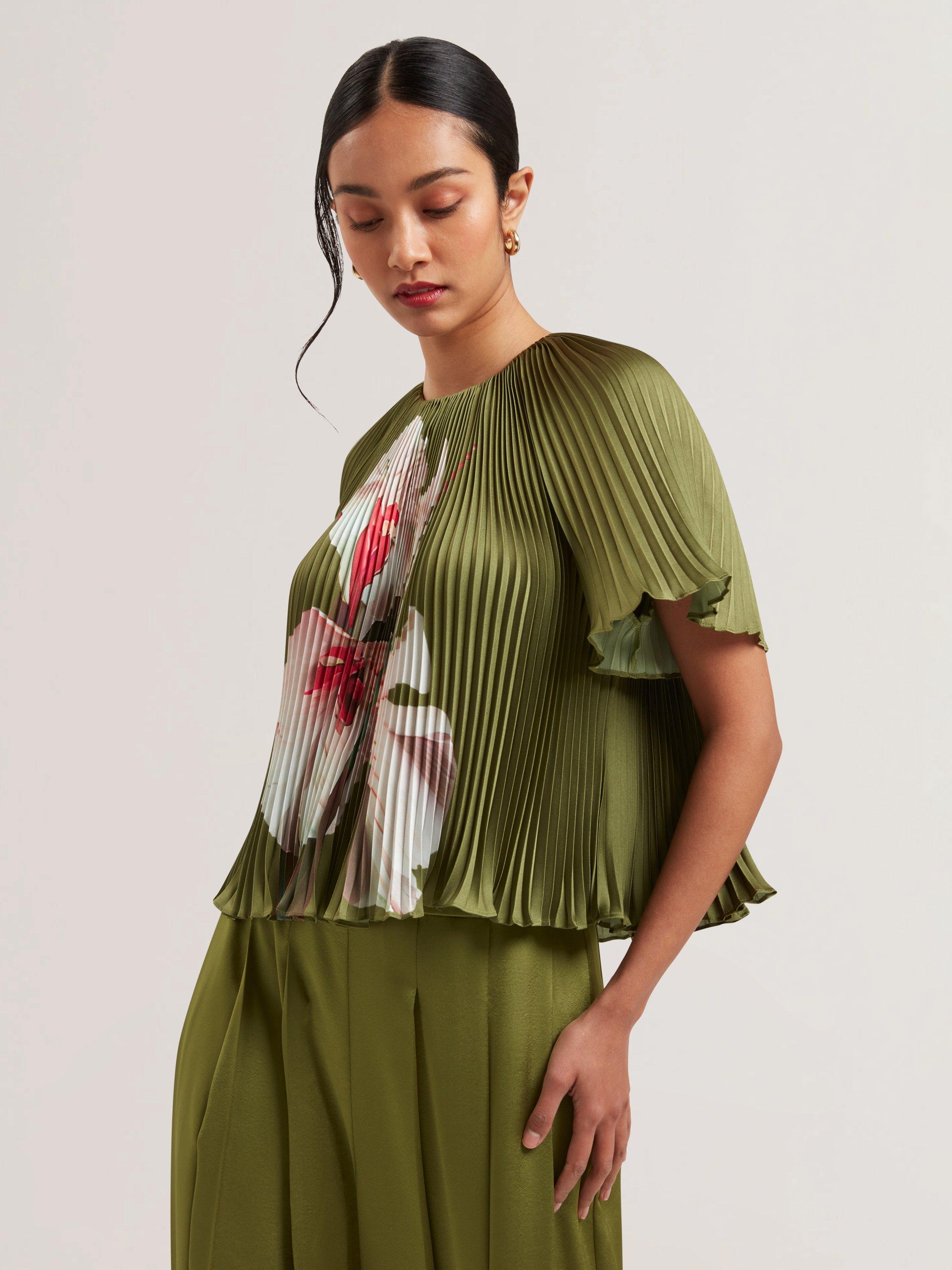 Product image 1 of 6, which shows Ted Baker Lionaa Floral Pleated Short Sleeve Blouse, Green/Multi, 8