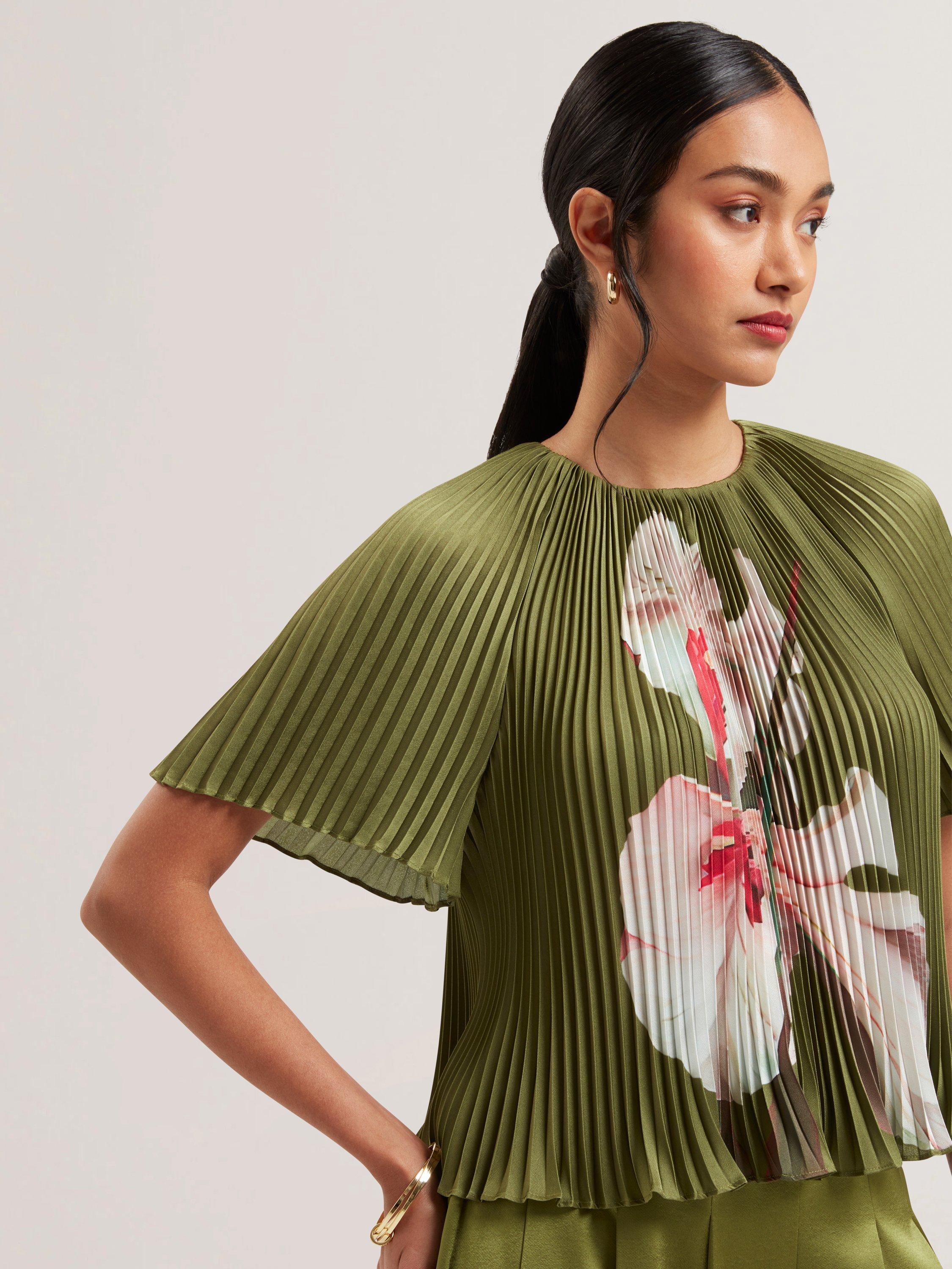 Product image 4 of 6, which shows Ted Baker Lionaa Floral Pleated Short Sleeve Blouse, Green/Multi, 8