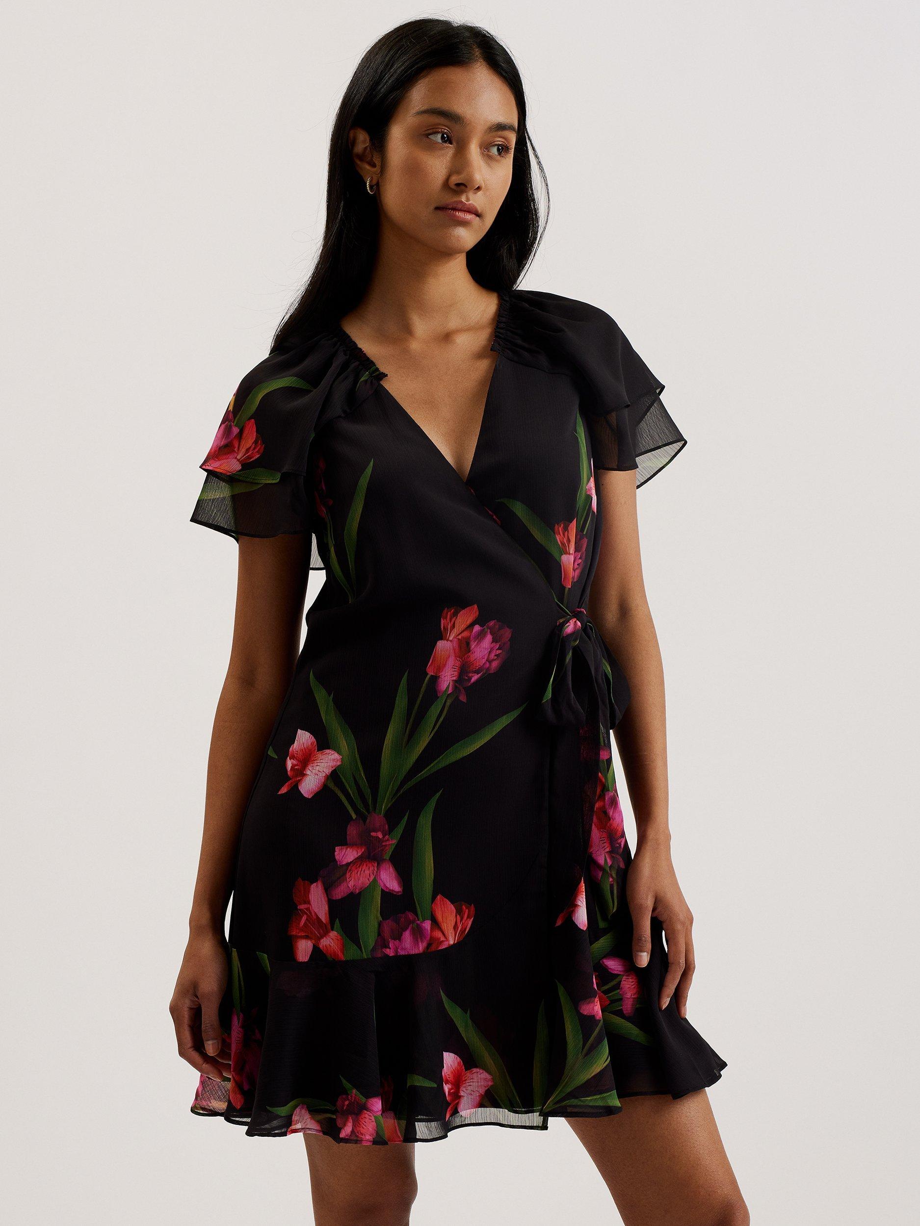 Product image 1 of 7, which shows Ted Baker Fasnia Floral Angel Sleeve Wrap Mini Dress, Black/Fuchsia/Green, 6