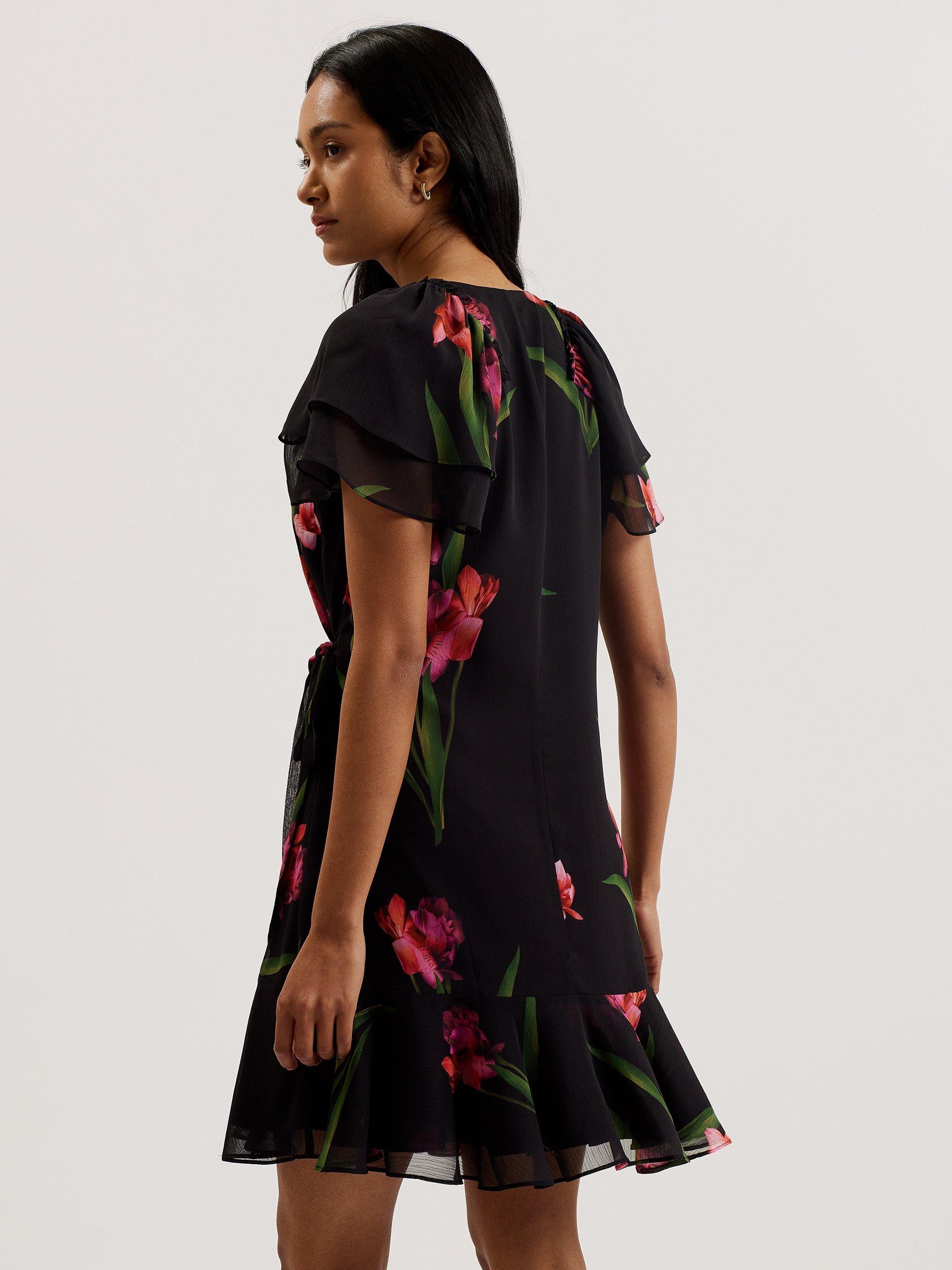 Product image 2 of 7, which shows Ted Baker Fasnia Floral Angel Sleeve Wrap Mini Dress, Black/Fuchsia/Green, 6