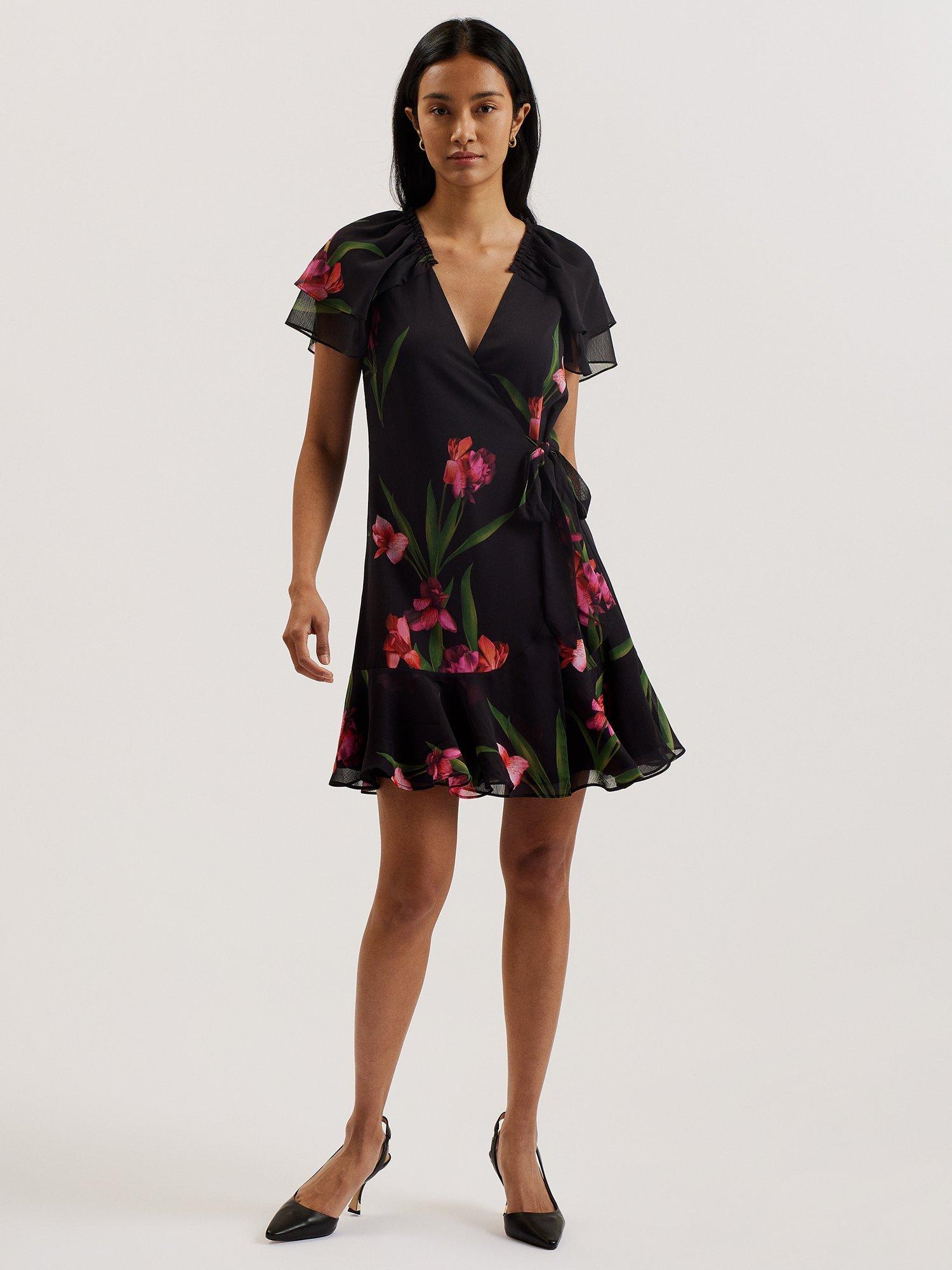 Product image 3 of 7, which shows Ted Baker Fasnia Floral Angel Sleeve Wrap Mini Dress, Black/Fuchsia/Green, 6
