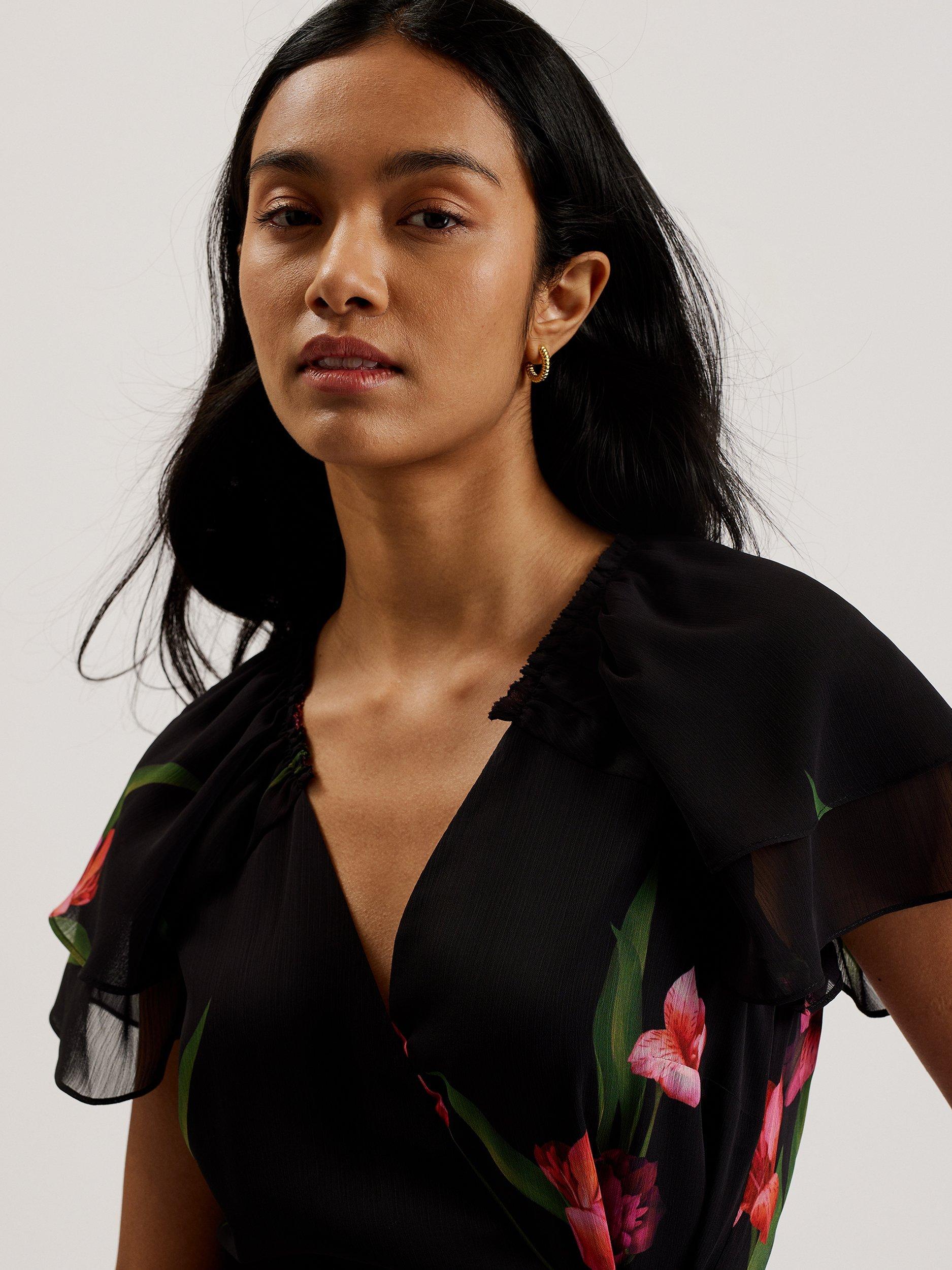 Product image 4 of 7, which shows Ted Baker Fasnia Floral Angel Sleeve Wrap Mini Dress, Black/Fuchsia/Green, 6