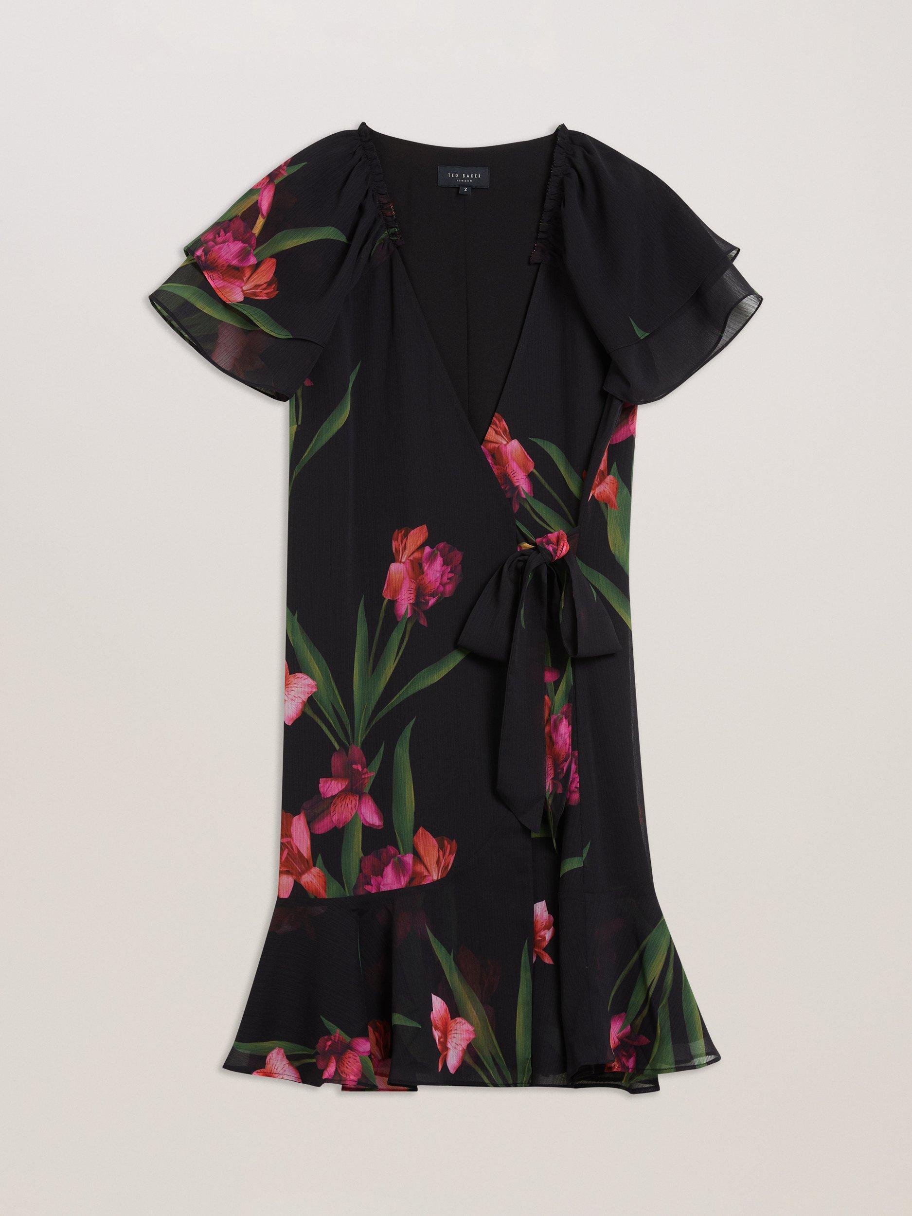 Product image 7 of 7, which shows Ted Baker Fasnia Floral Angel Sleeve Wrap Mini Dress, Black/Fuchsia/Green, 6