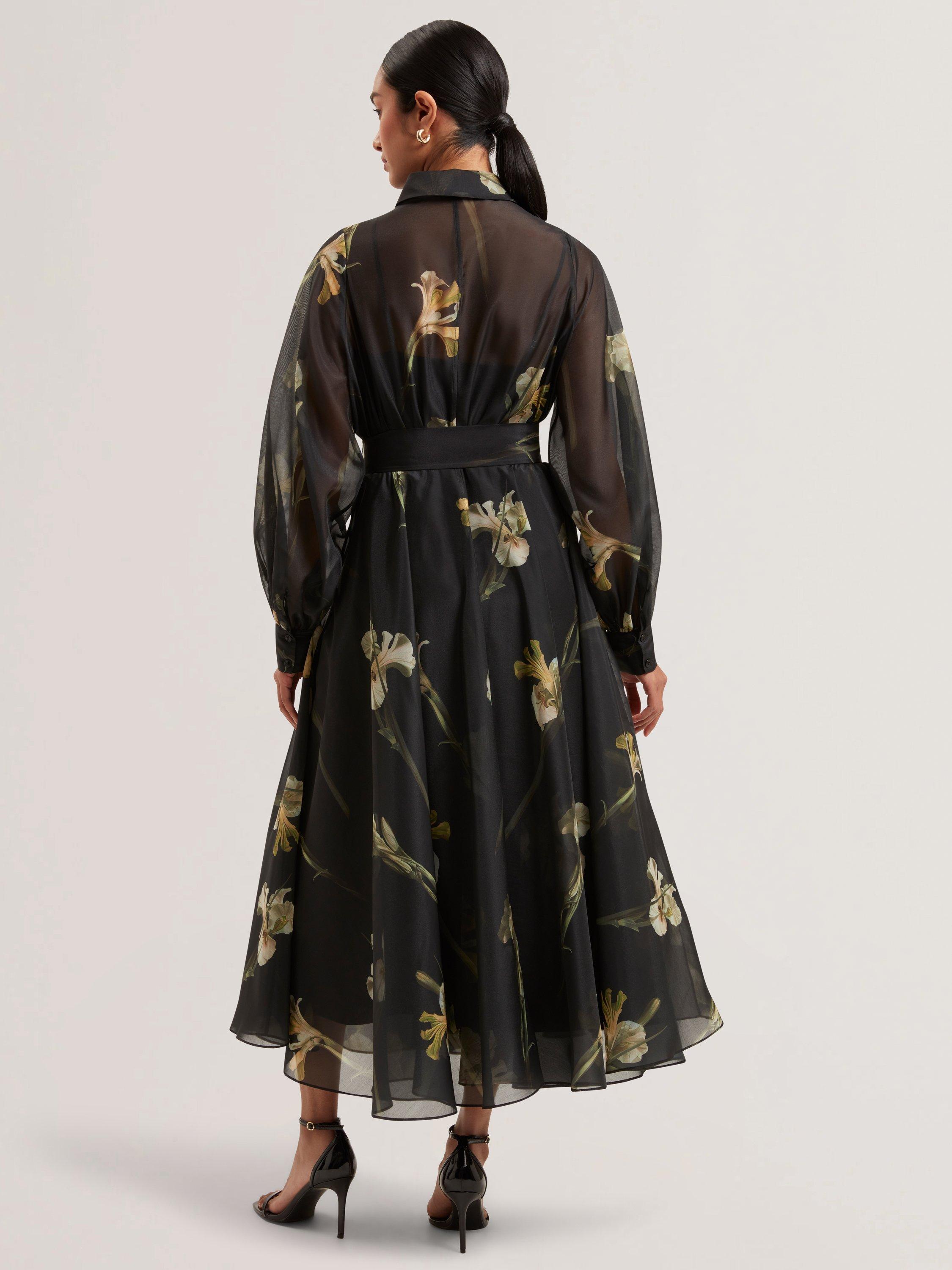 Product image 2 of 5, which shows Ted Baker Liorra Floral Organza Belted Midi Dress, Black/Multi, 6