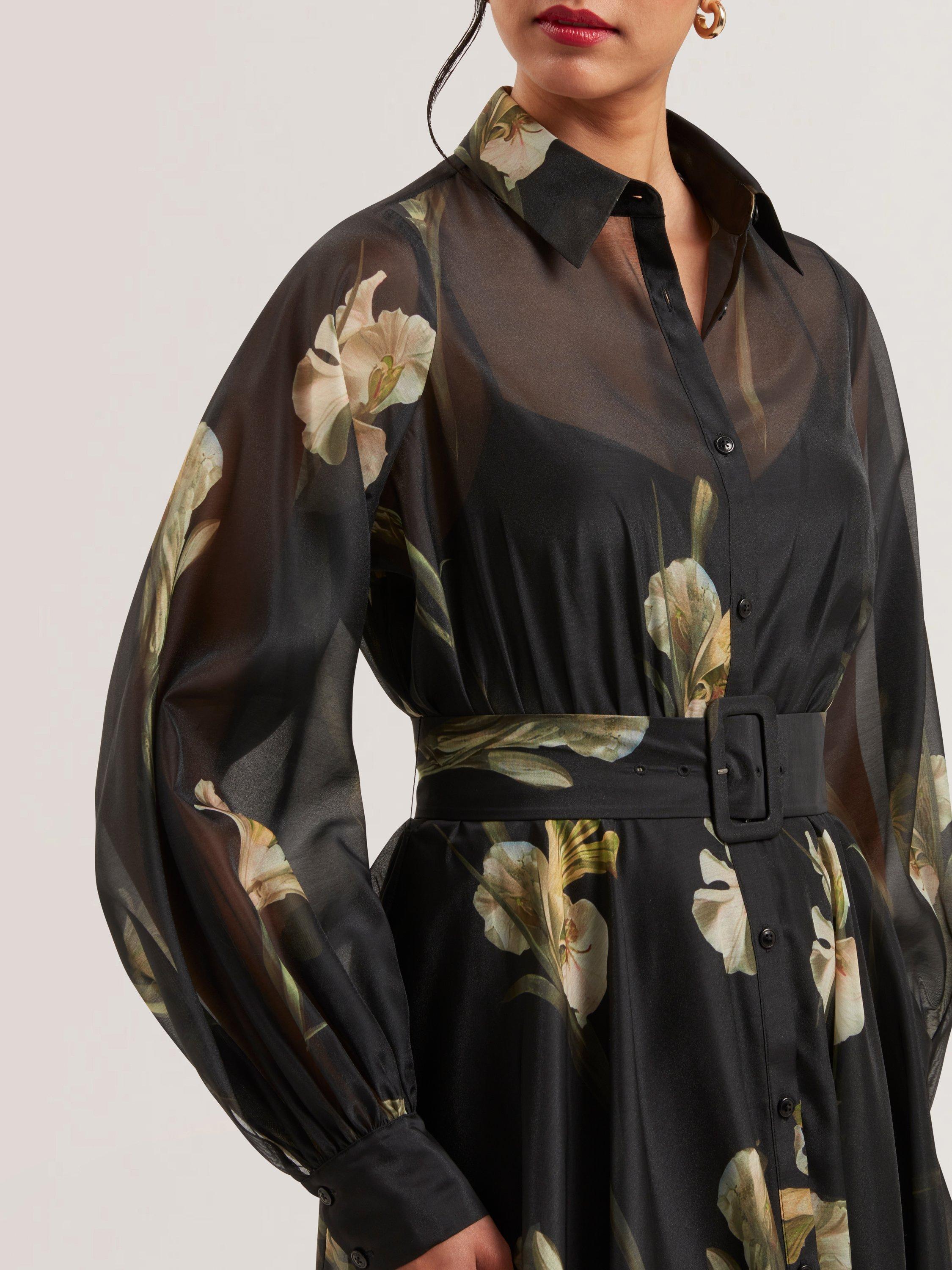 Product image 3 of 5, which shows Ted Baker Liorra Floral Organza Belted Midi Dress, Black/Multi, 6