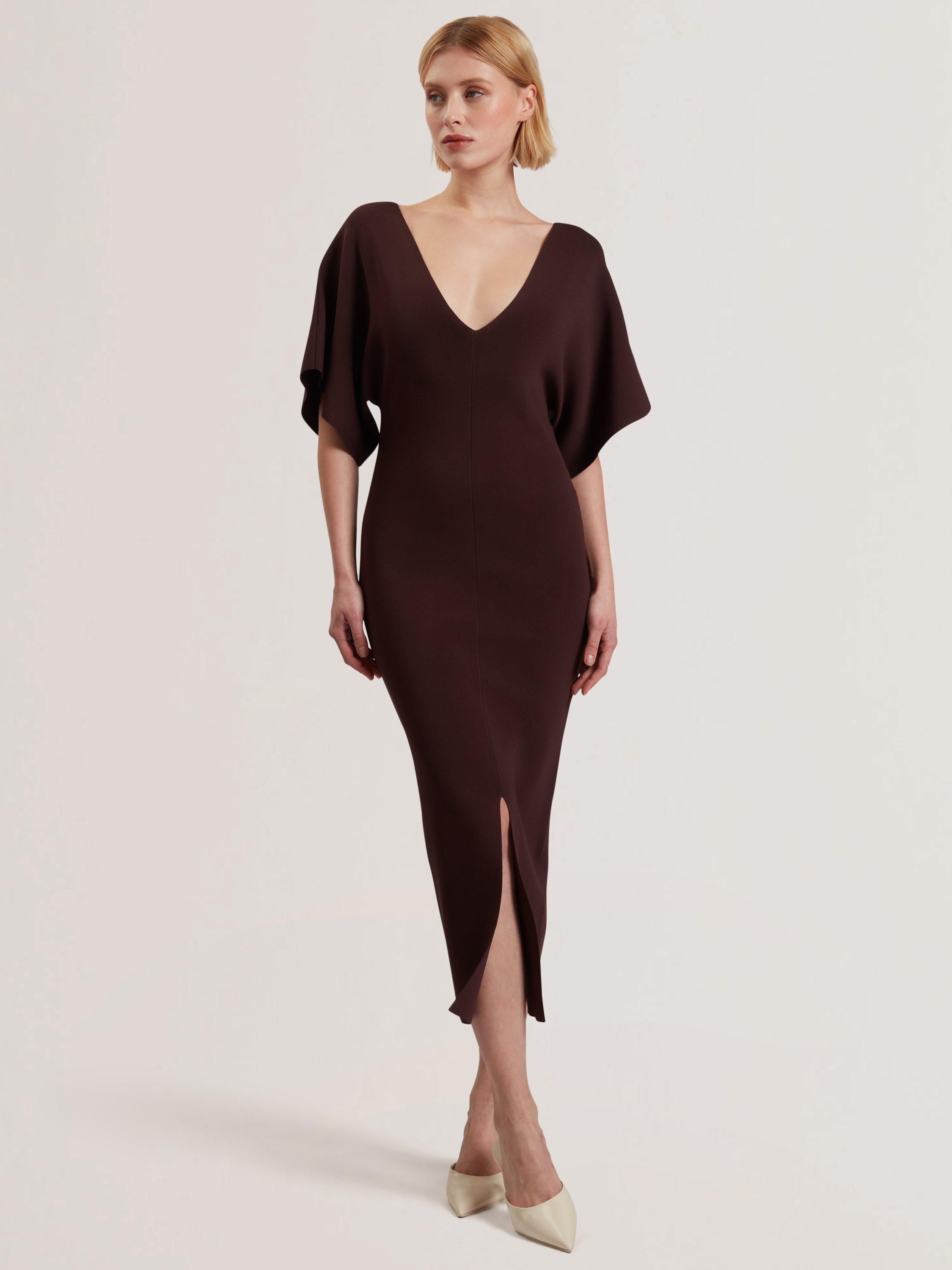 Product image 1 of 5, which shows Ted Baker Rebexxa Knitted Midi Dress, Dark Brown, 6