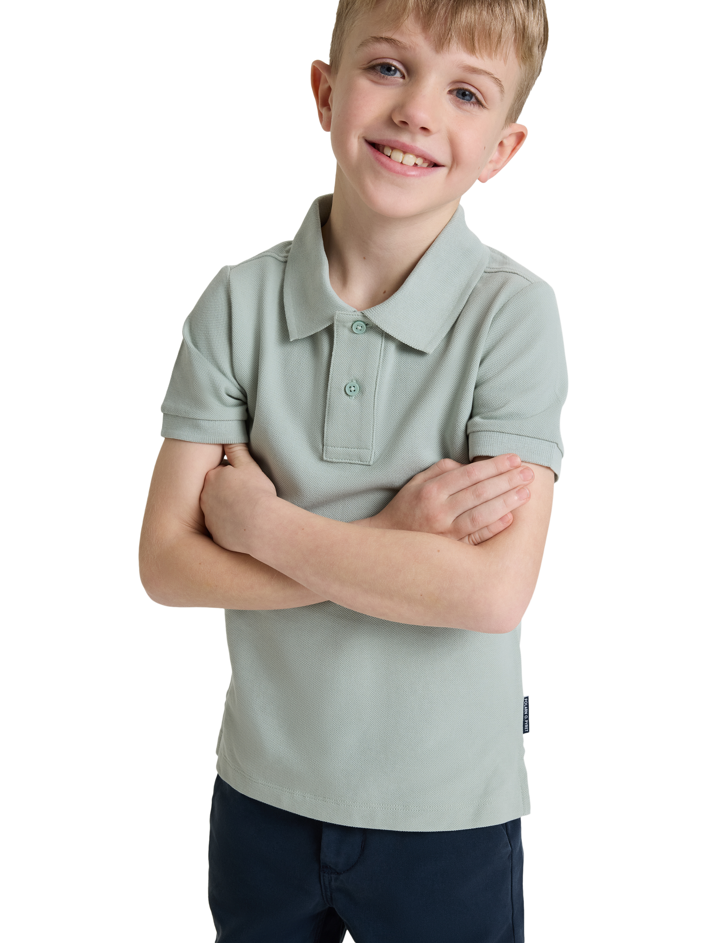 Product image 1 of 3, which shows Polarn O. Pyret Kids' Organic Cotton Polo Shirt, Green, 5-6 years