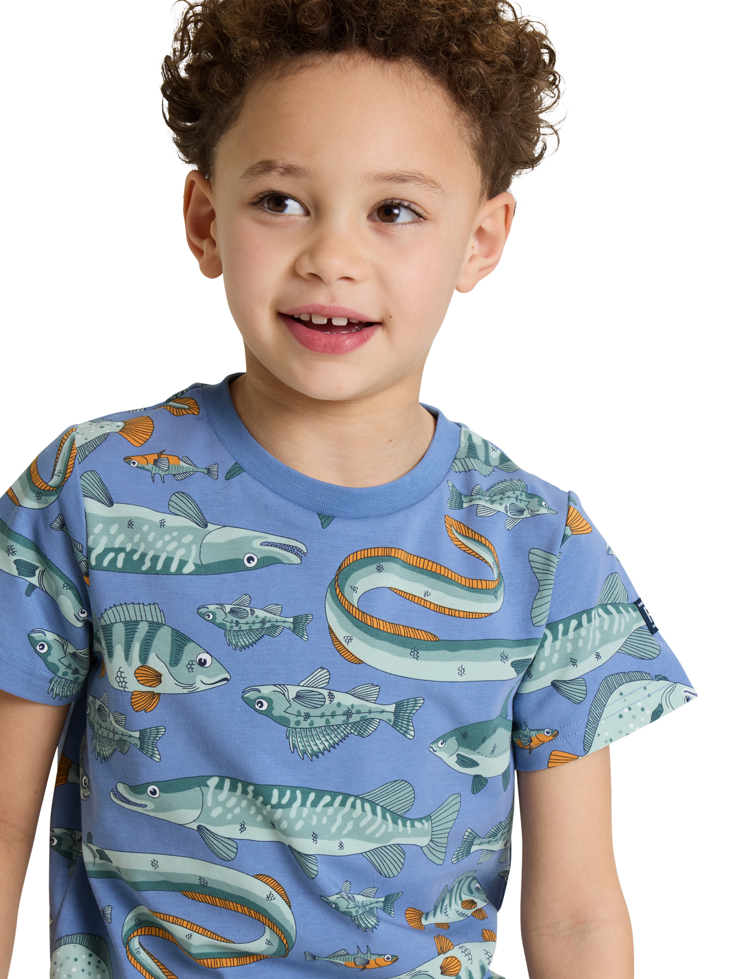 Product image 1 of 4, which shows Polarn O. Pyret Kids' Fish T-Shirt, Blue, 12-18 months
