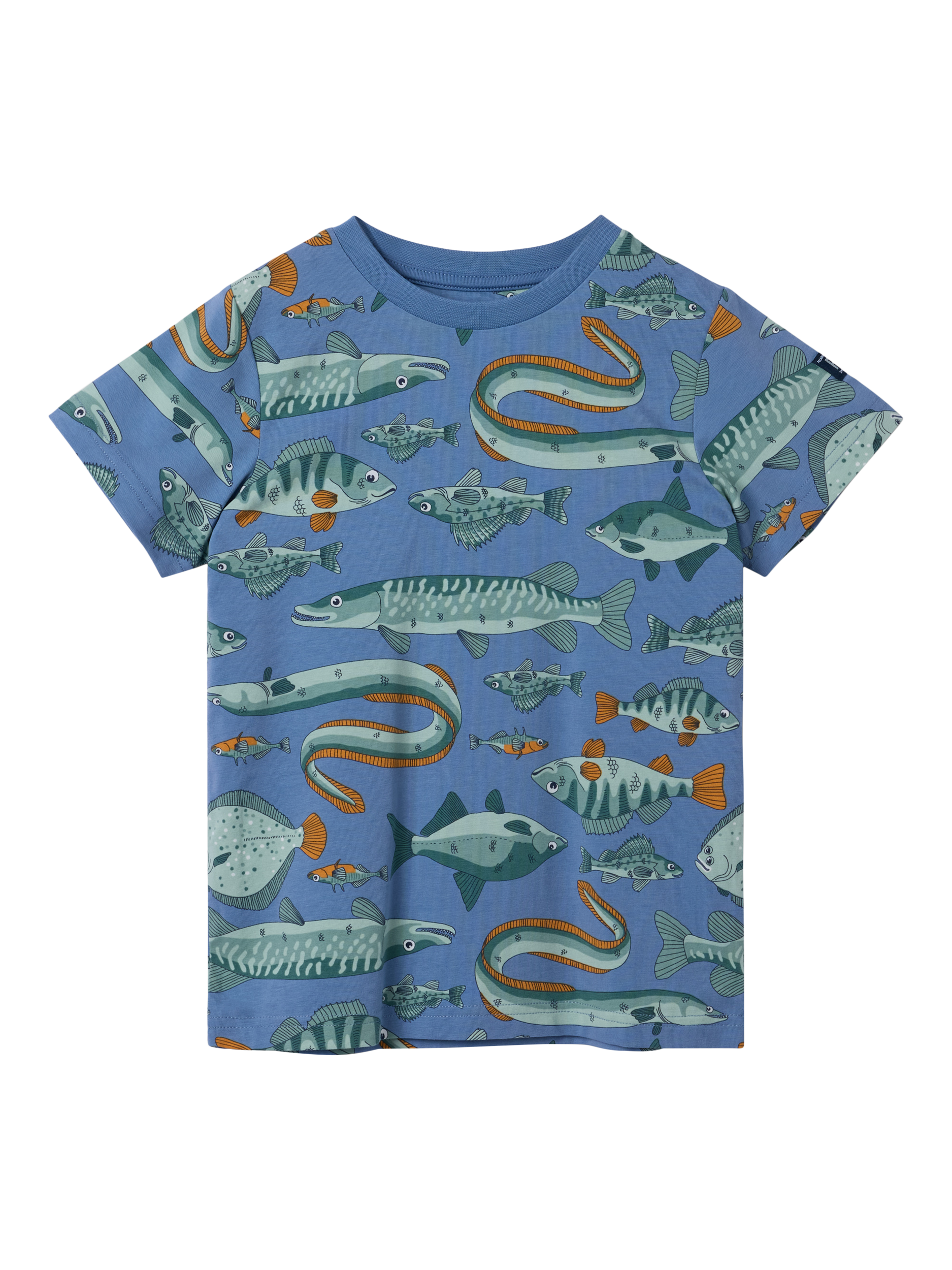 Product image 2 of 4, which shows Polarn O. Pyret Kids' Fish T-Shirt, Blue, 12-18 months