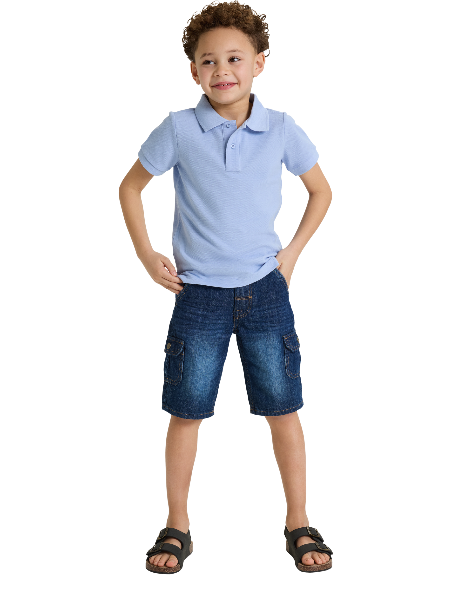 Product image 1 of 5, which shows Polarn O. Pyret Kids' Organic Cotton Denim Cargo Shorts, Blue, 3-4 years