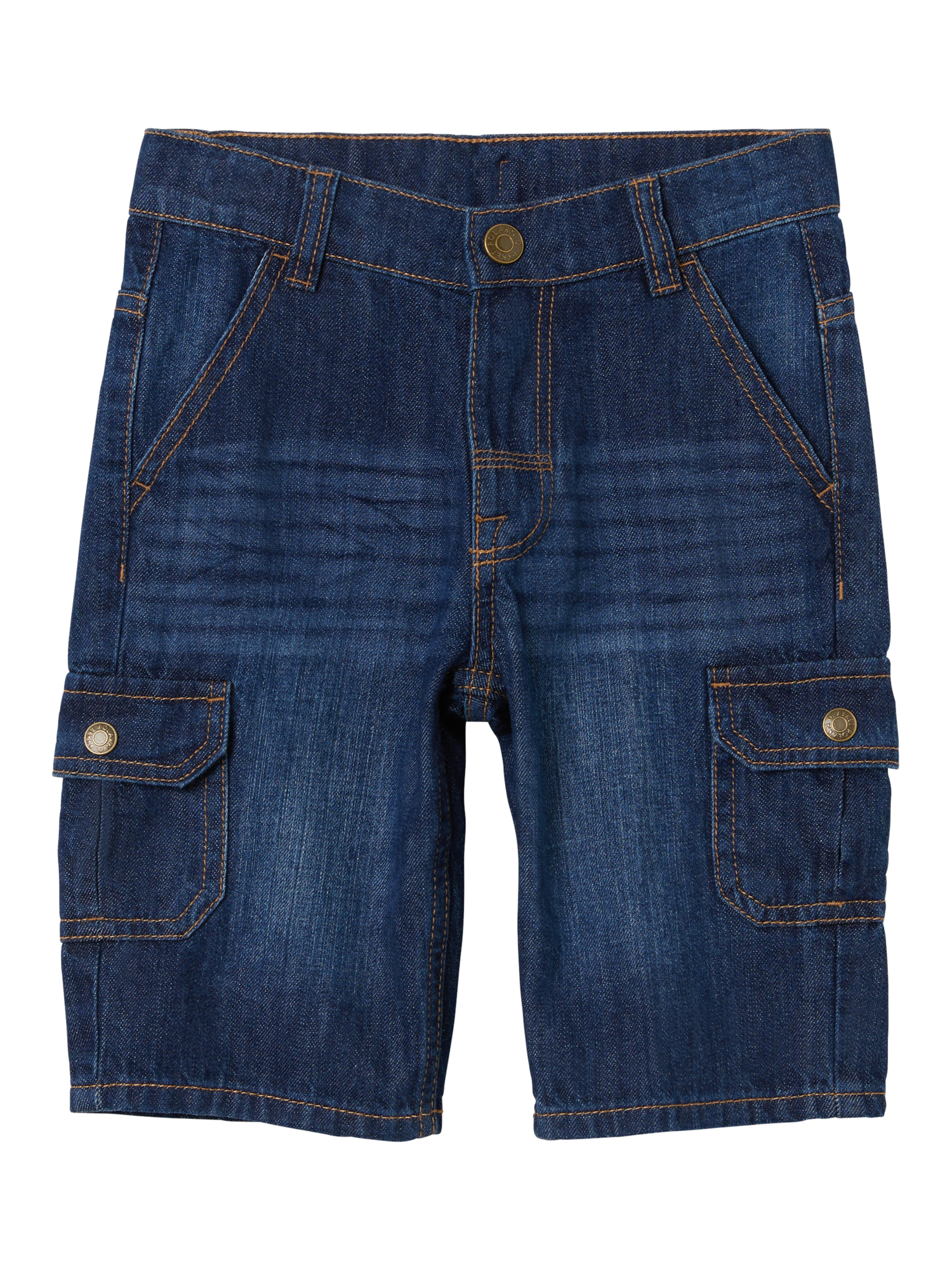 Product image 2 of 5, which shows Polarn O. Pyret Kids' Organic Cotton Denim Cargo Shorts, Blue, 3-4 years
