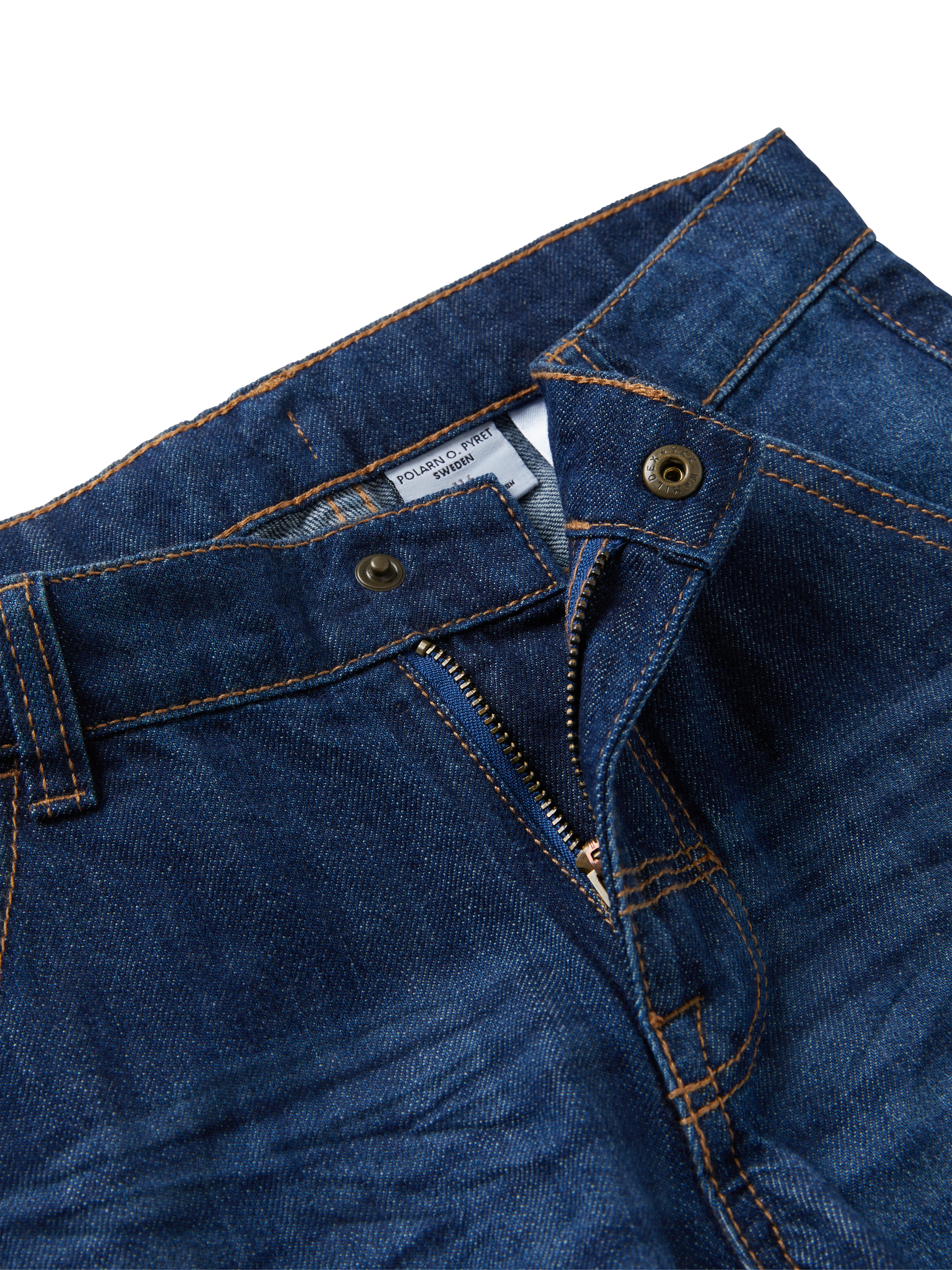 Product image 3 of 5, which shows Polarn O. Pyret Kids' Organic Cotton Denim Cargo Shorts, Blue, 3-4 years
