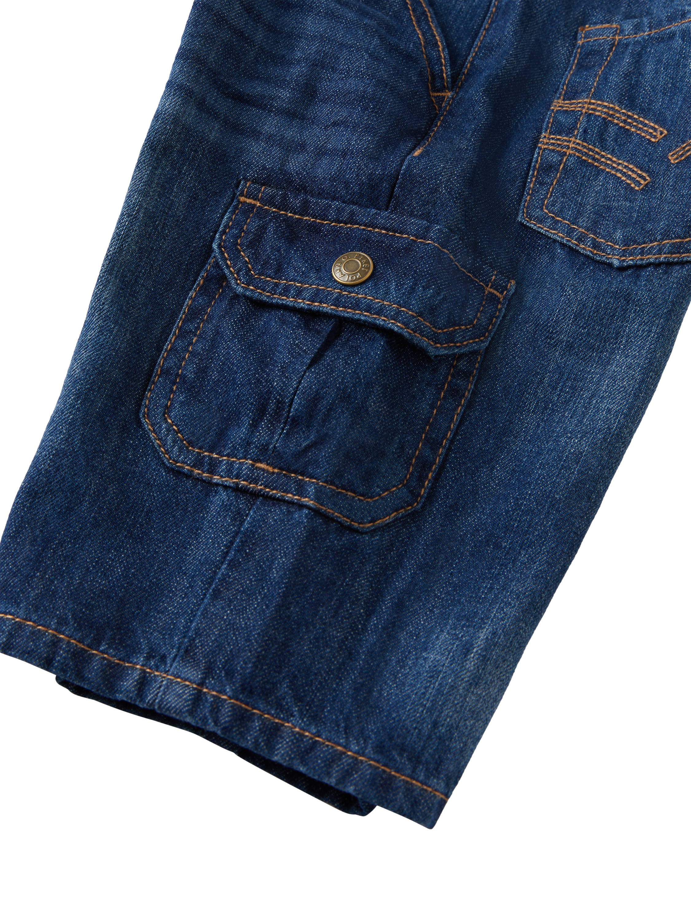 Product image 4 of 5, which shows Polarn O. Pyret Kids' Organic Cotton Denim Cargo Shorts, Blue, 3-4 years