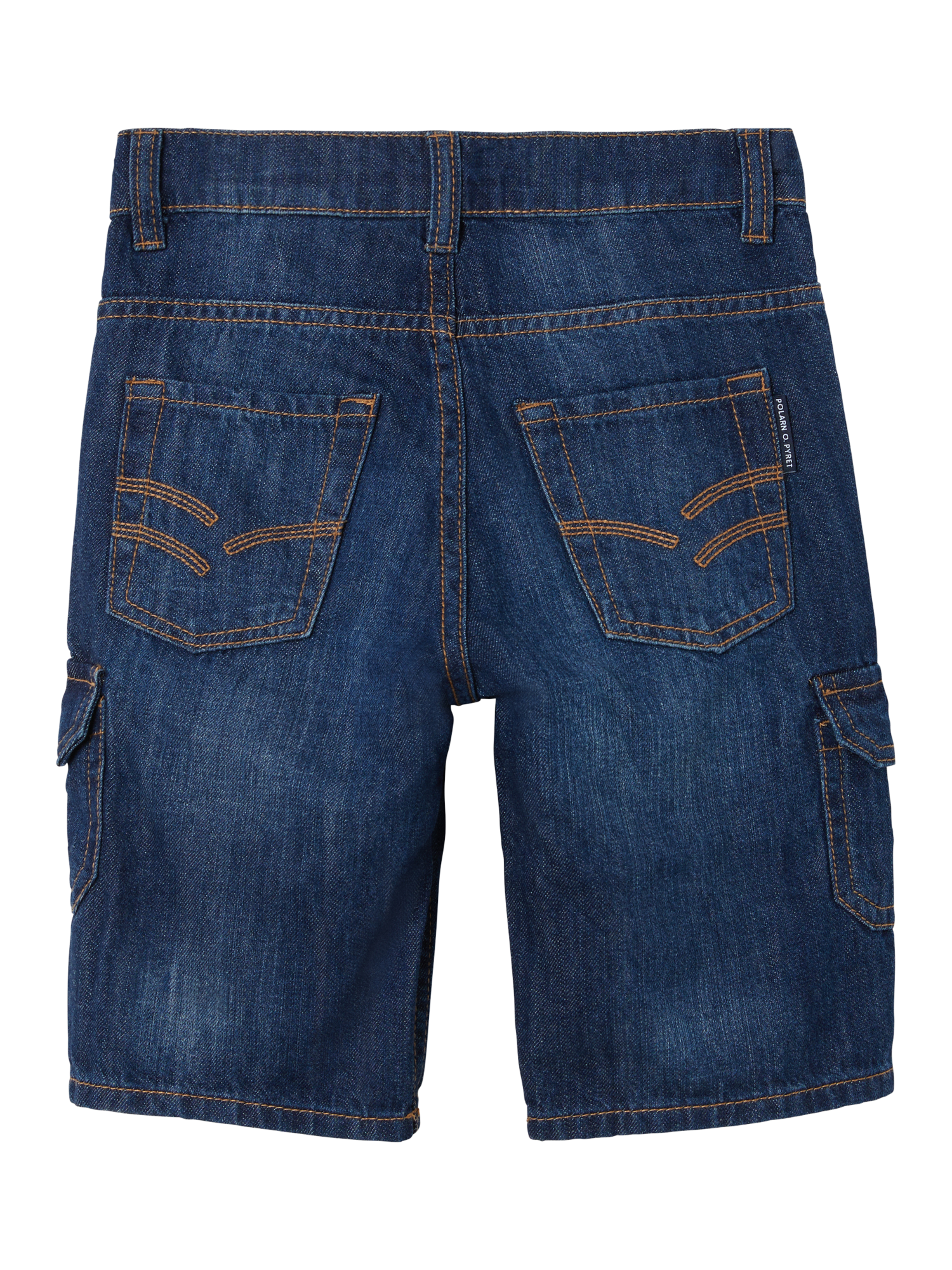Product image 5 of 5, which shows Polarn O. Pyret Kids' Organic Cotton Denim Cargo Shorts, Blue, 3-4 years