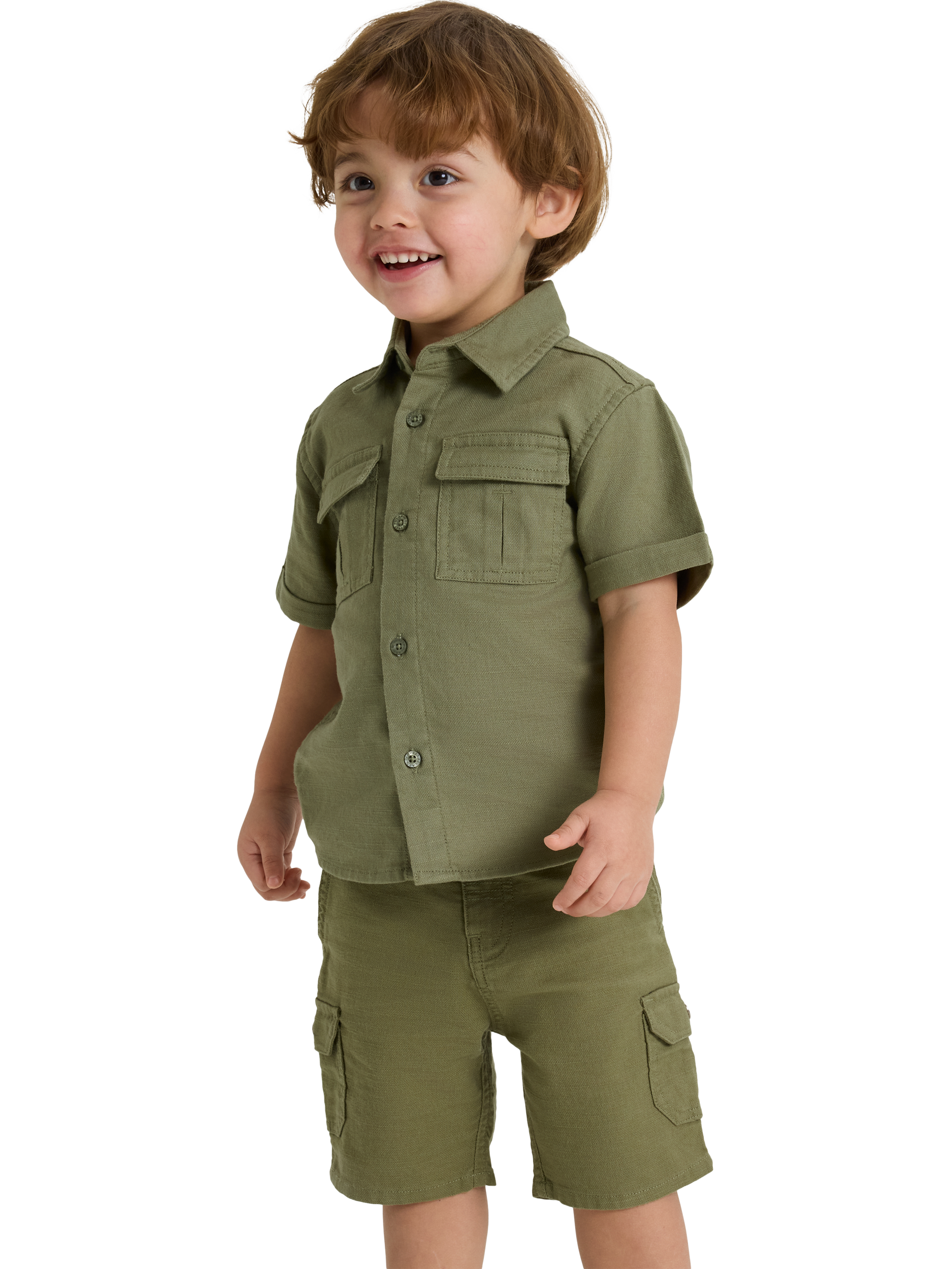 Product image 1 of 4, which shows Polarn O. Pyret Kids' Organic Cotton Cargo Shorts, Green, 12-18 months