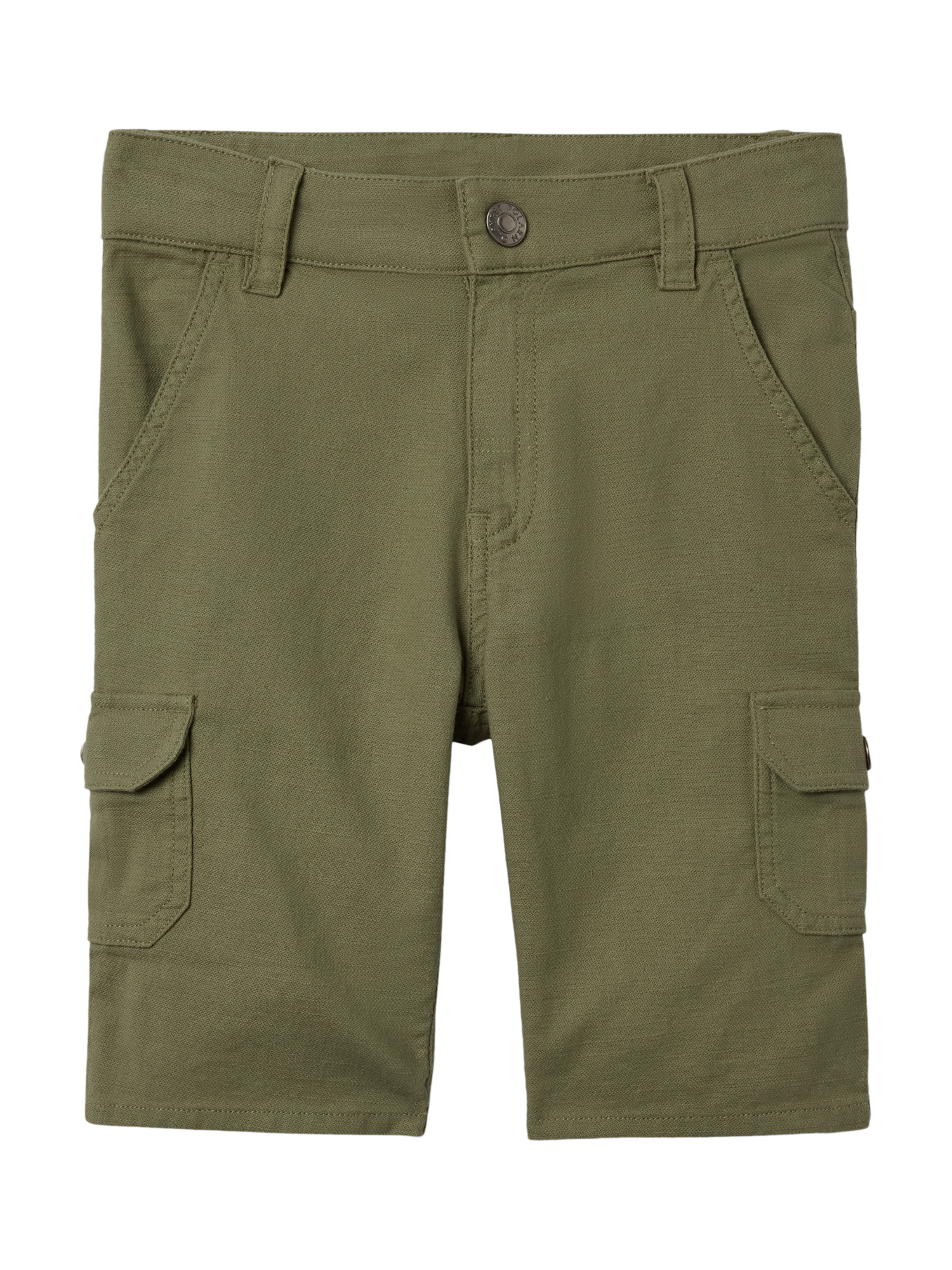 Product image 2 of 4, which shows Polarn O. Pyret Kids' Organic Cotton Cargo Shorts, Green, 12-18 months