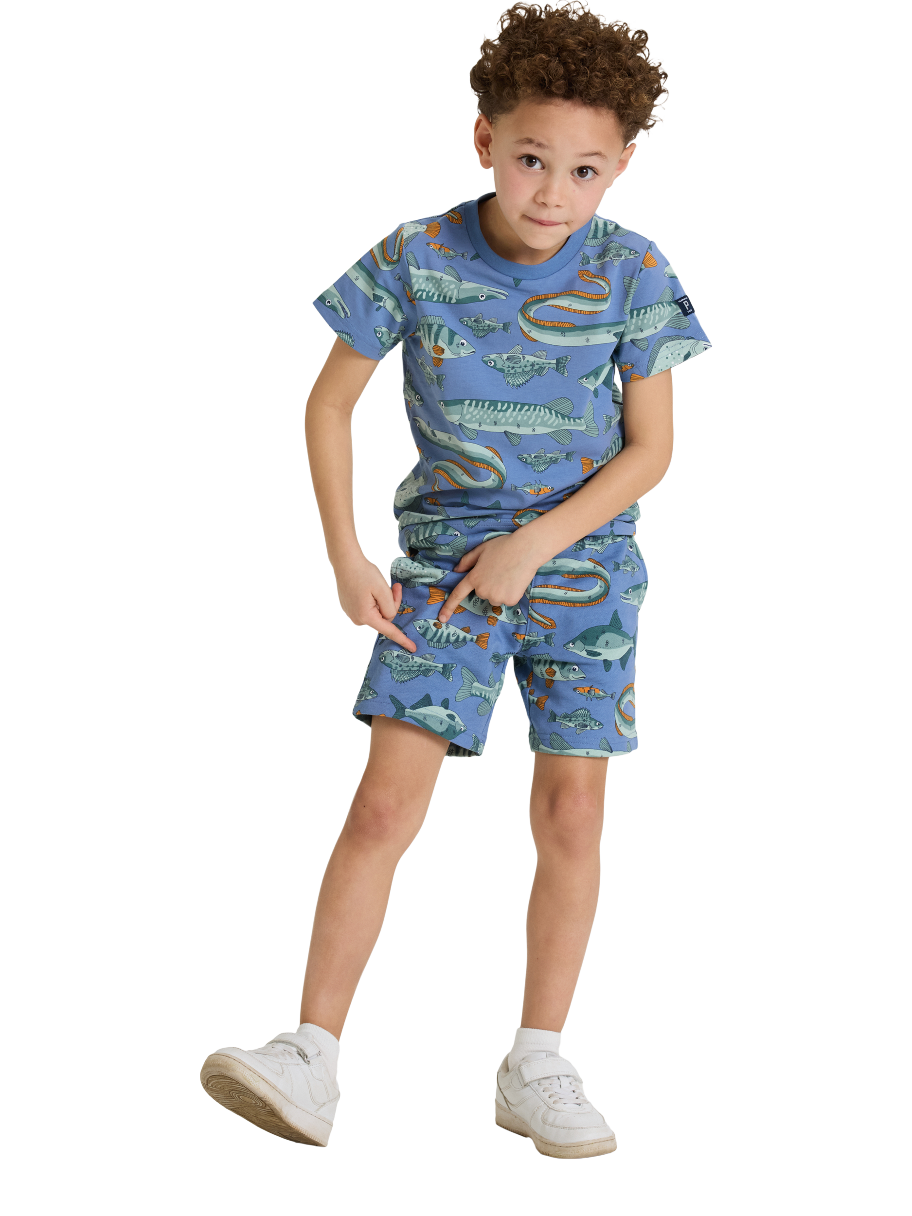 Product image 1 of 3, which shows Polarn O. Pyret Kids' Fish Shorts, Blue, 18-24 months