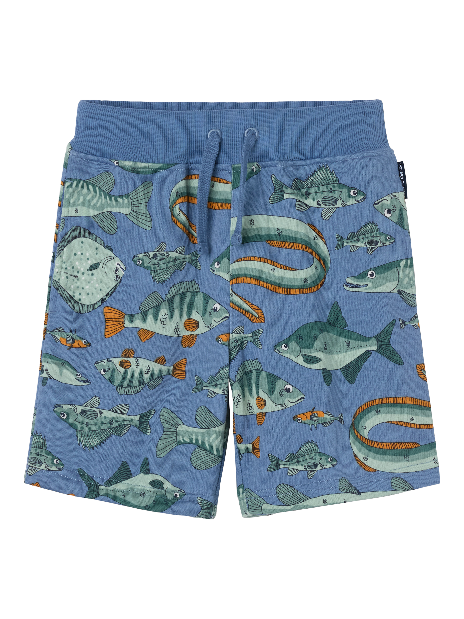 Product image 2 of 3, which shows Polarn O. Pyret Kids' Fish Shorts, Blue, 18-24 months