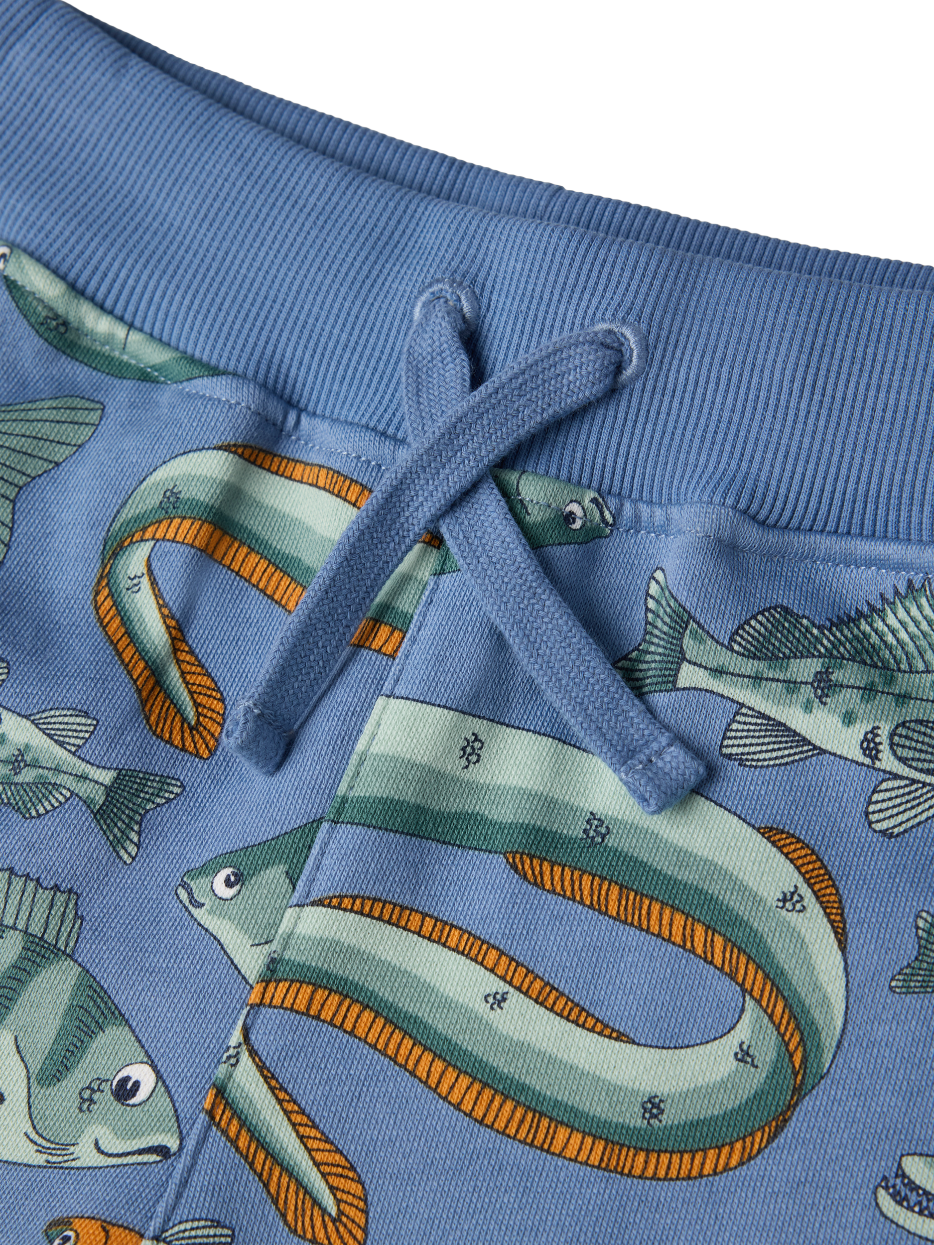 Product image 3 of 3, which shows Polarn O. Pyret Kids' Fish Shorts, Blue, 18-24 months