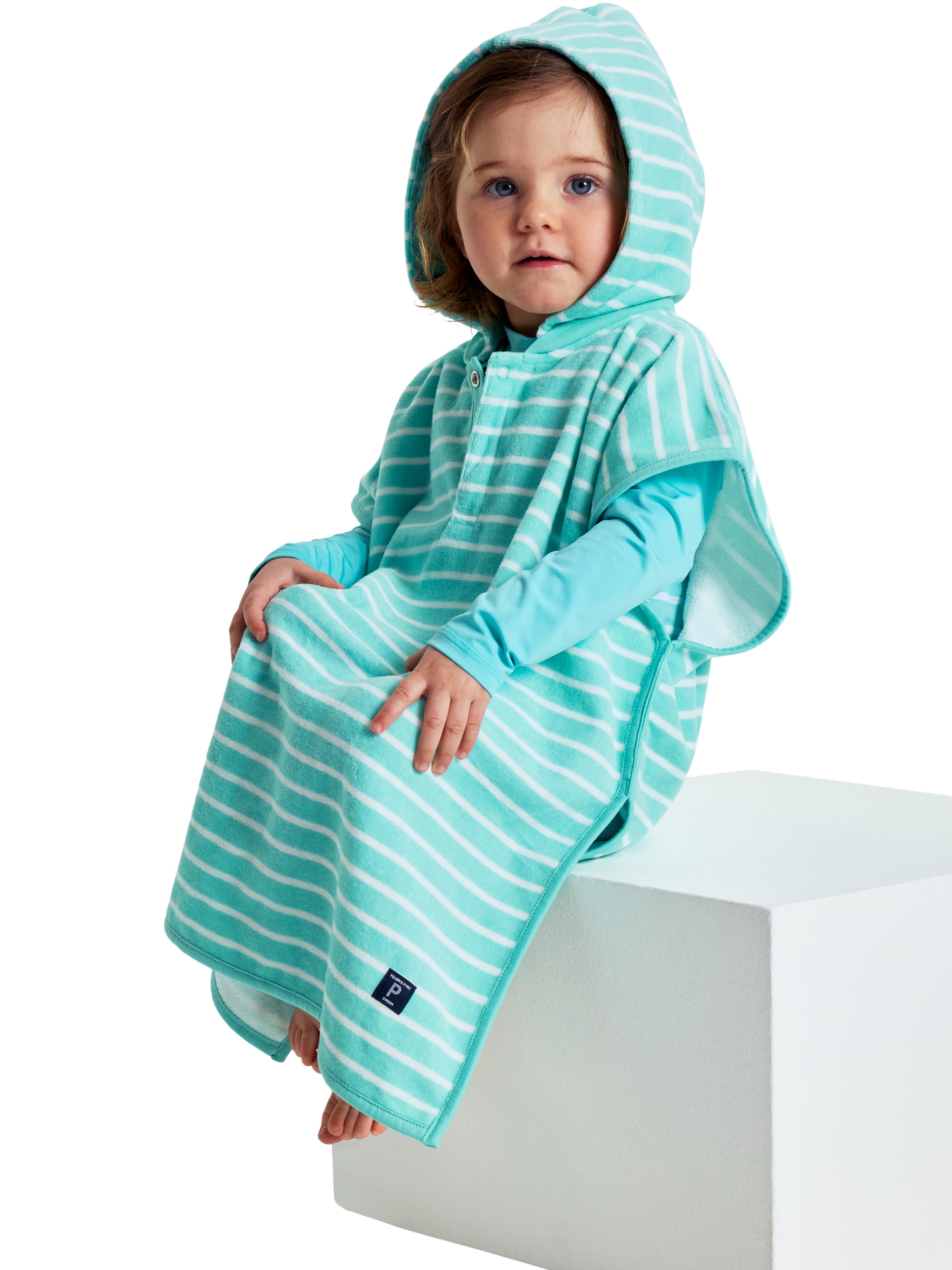 Product image 1 of 4, which shows Polarn O. Pyret Kids' Organic Cotton Stripe Poncho Towel, Blue, S
