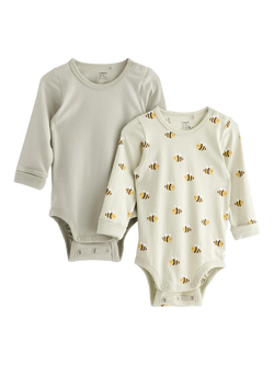 Lindex Baby Plain & Bee Long Sleeve Bodysuit, Pack of 2, Light Dusty Green, Light Dusty Green