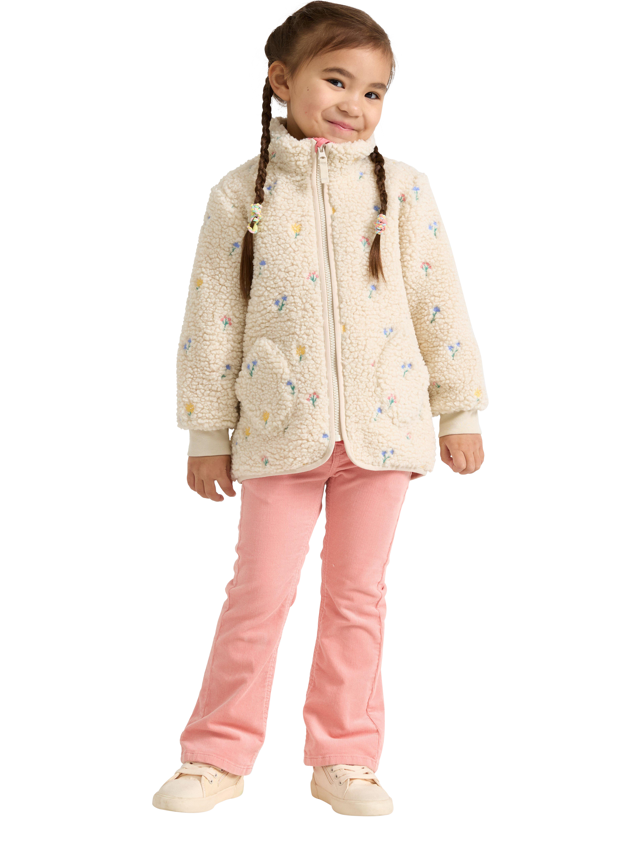 Product image 1 of 6, which shows Lindex Kids' Outdoor Zip-Up Floral Soft Pile Jacket, Light Beige/Multi, 3-4 years